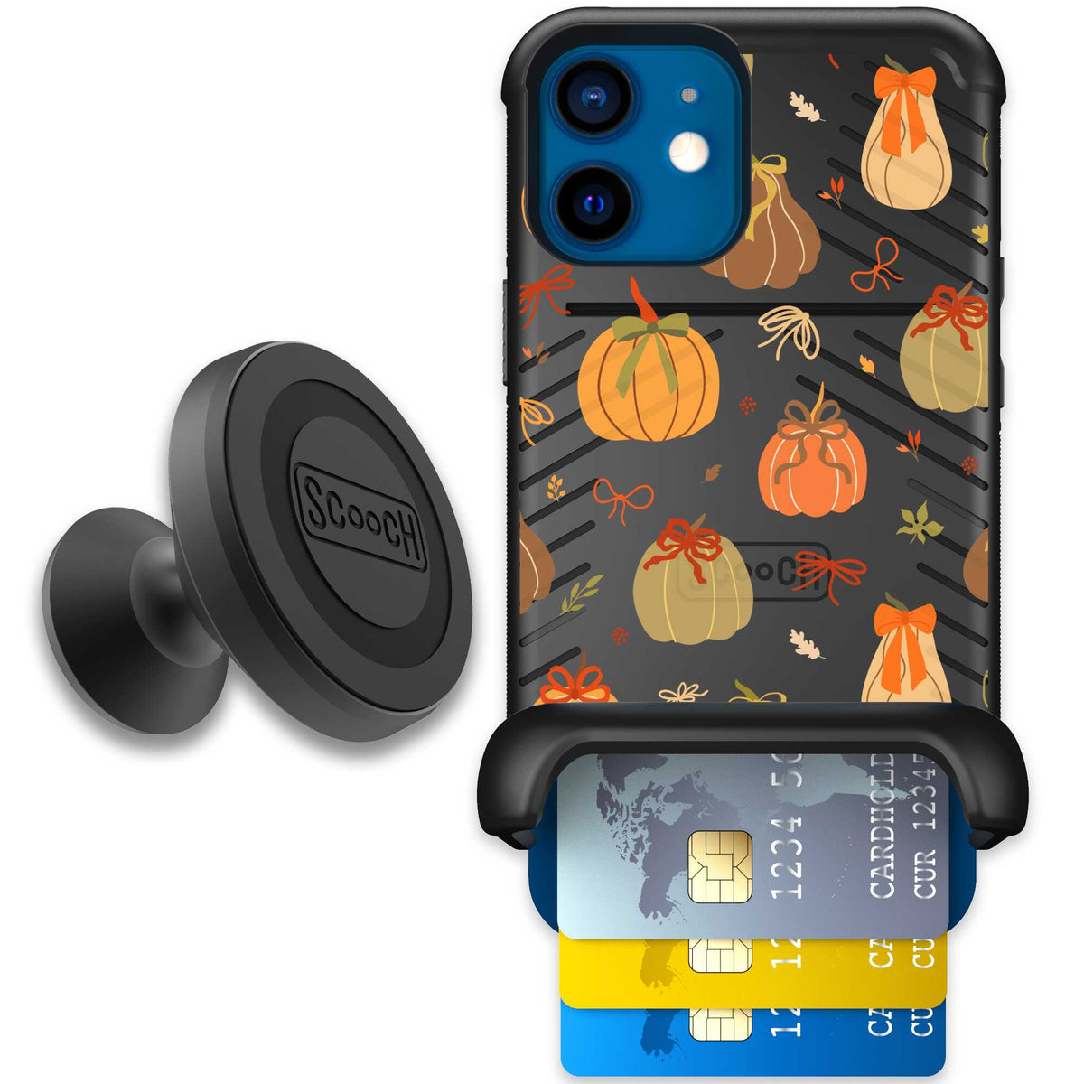Pretty Pumpkins orange pumpkin and bow pattern on a Scooch Wingmate case for iPhone 12 mini - Starter Bundle