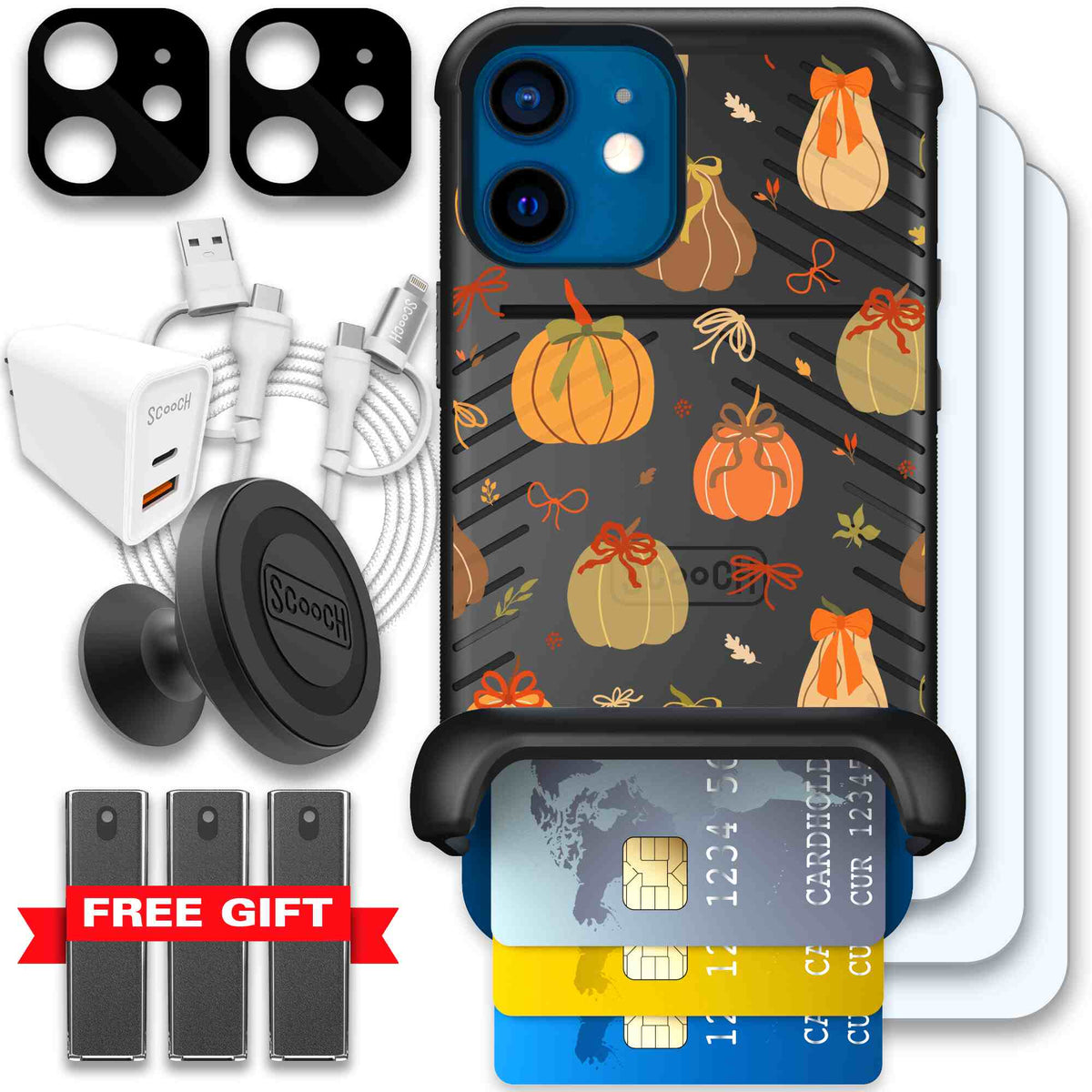 Pretty Pumpkins orange pumpkin and bow pattern on a Scooch Wingmate case for iPhone 12 mini - Ultimate Bundle