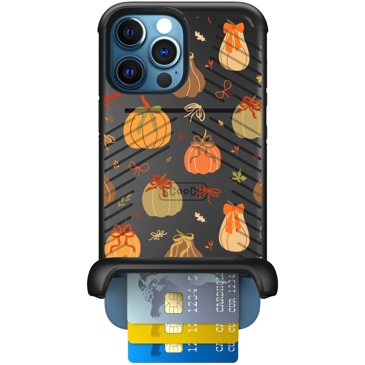 Pretty Pumpkins orange pumpkin and bow pattern on a Scooch Wingmate case for iPhone 12 Pro Max