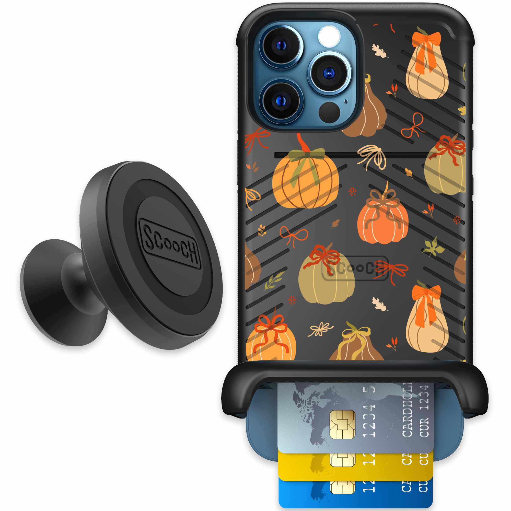 Pretty Pumpkins orange pumpkin and bow pattern on a Scooch Wingmate case for iPhone 12 Pro Max - Starter Bundle