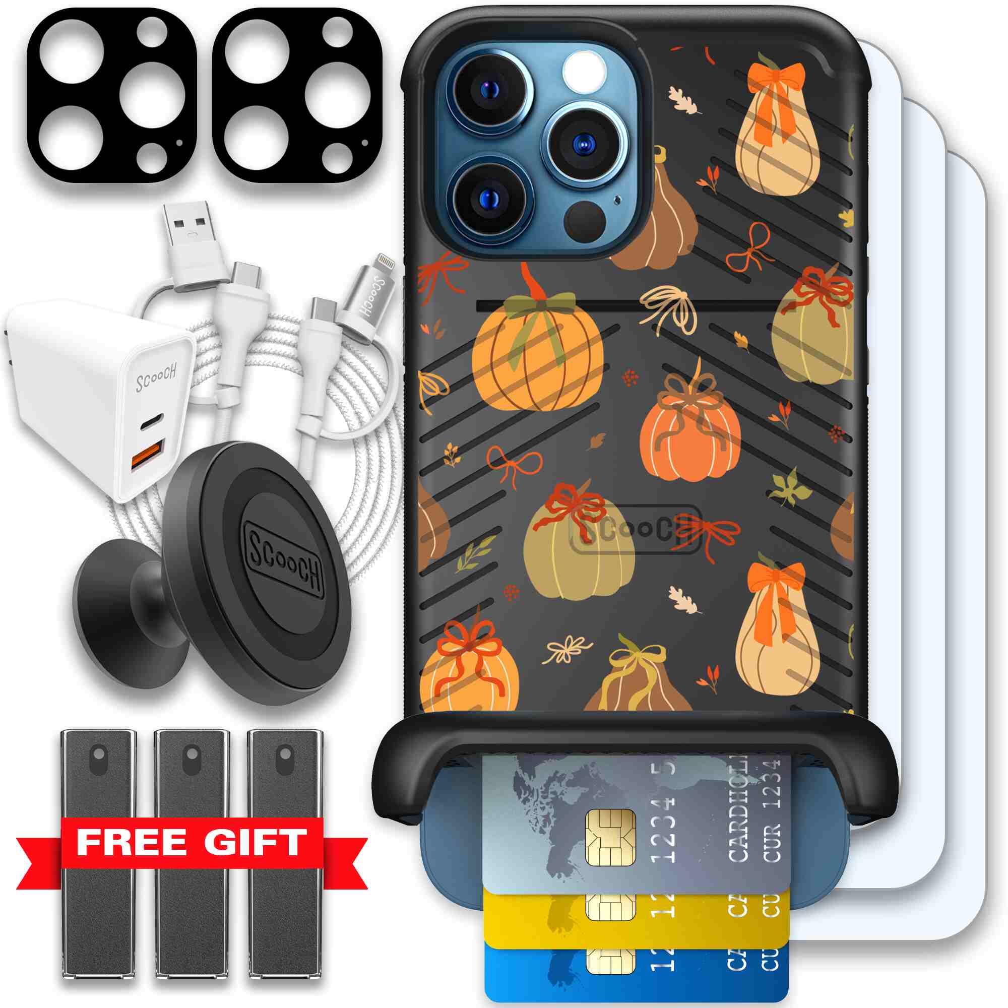 Pretty Pumpkins orange pumpkin and bow pattern on a Scooch Wingmate case for iPhone 12 Pro Max - Ultimate Bundle