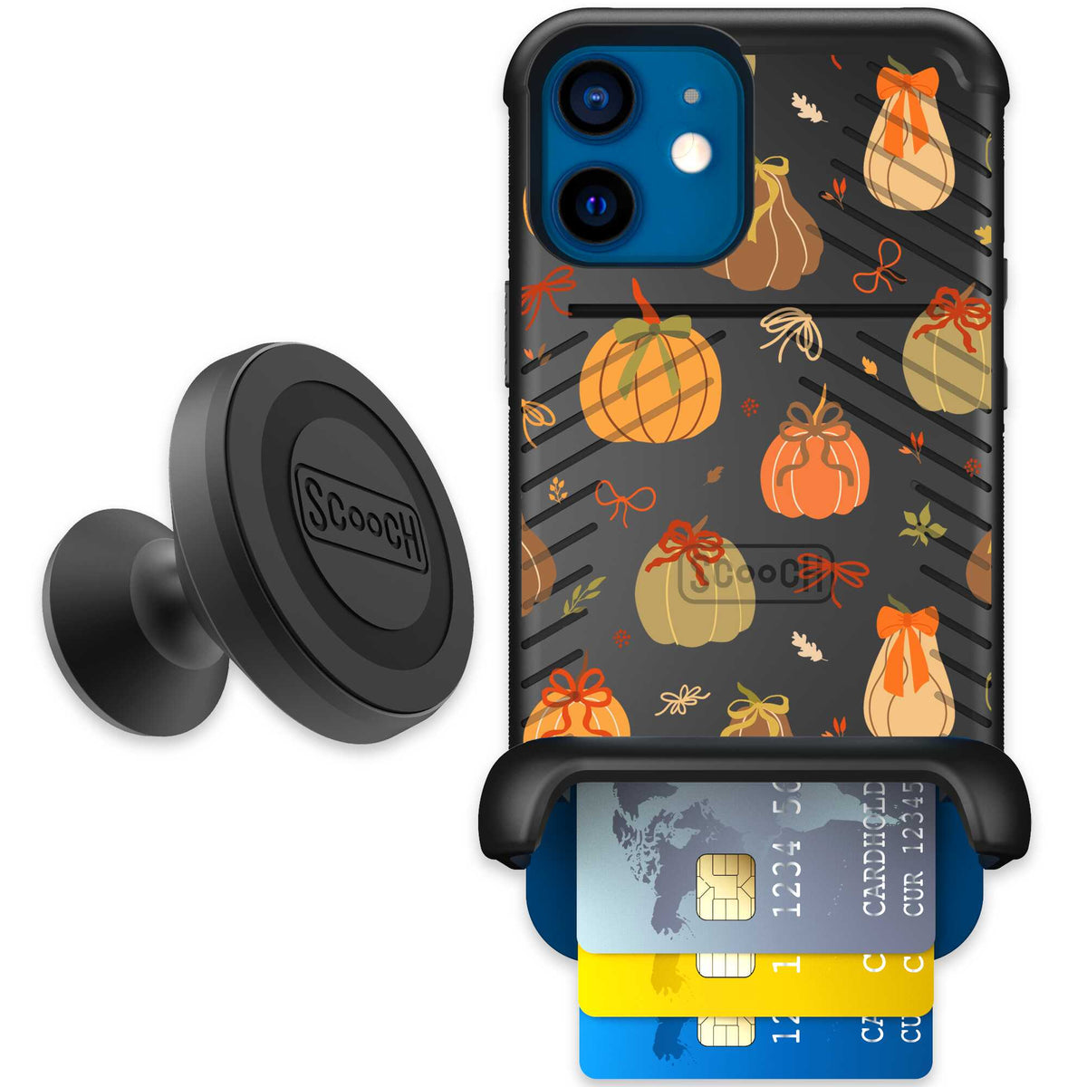 Pretty Pumpkins orange pumpkin and bow pattern on a Scooch Wingmate case for iPhone 12 - Starter Bundle