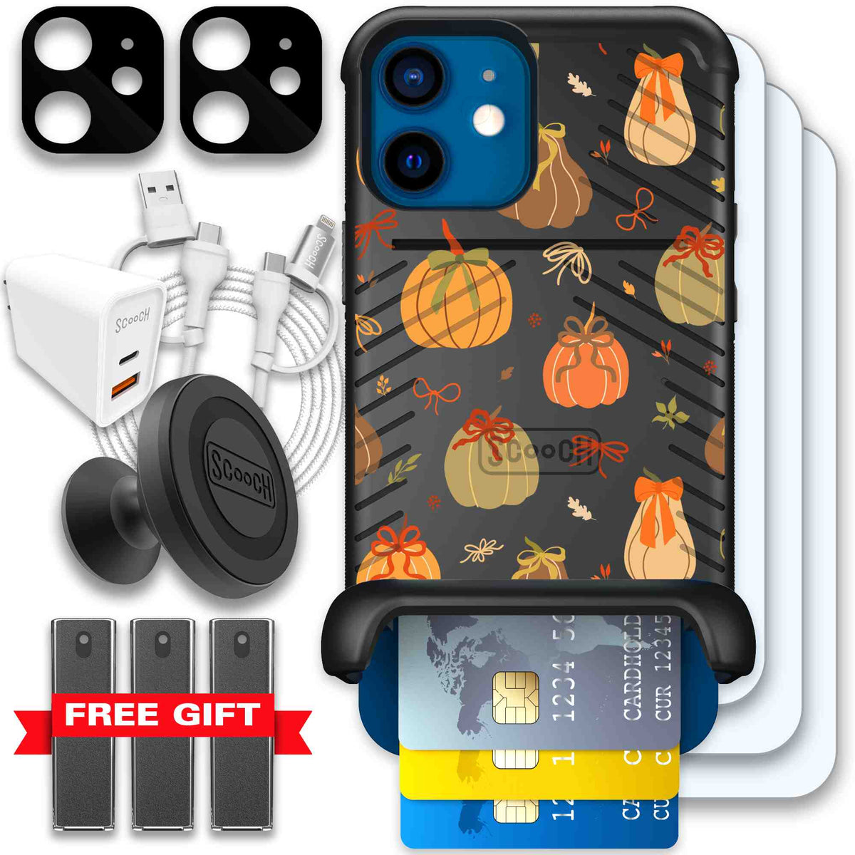 Pretty Pumpkins orange pumpkin and bow pattern on a Scooch Wingmate case for iPhone 12 - Ultimate Bundle