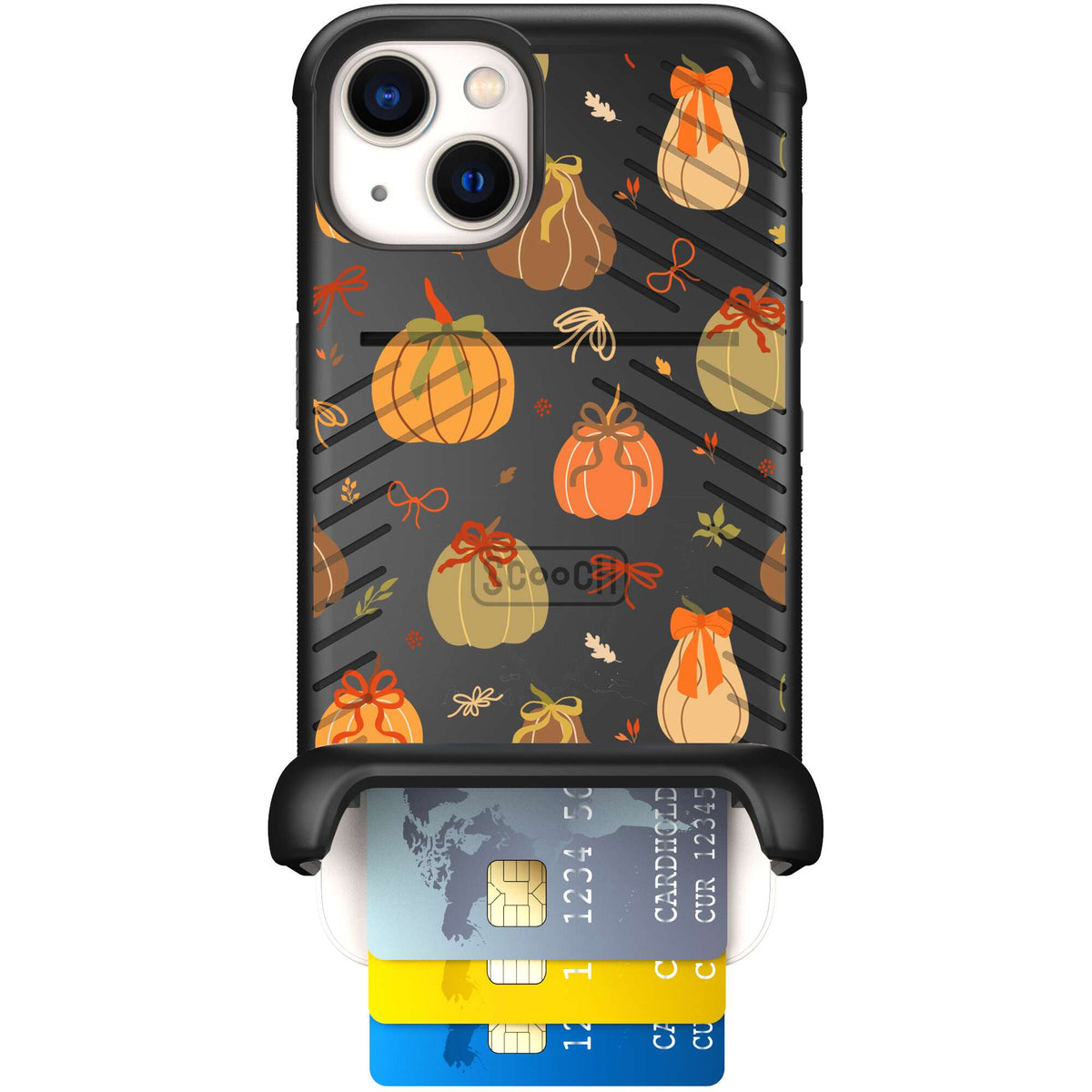Pretty Pumpkins orange pumpkin and bow pattern on a Scooch Wingmate case for iPhone 13