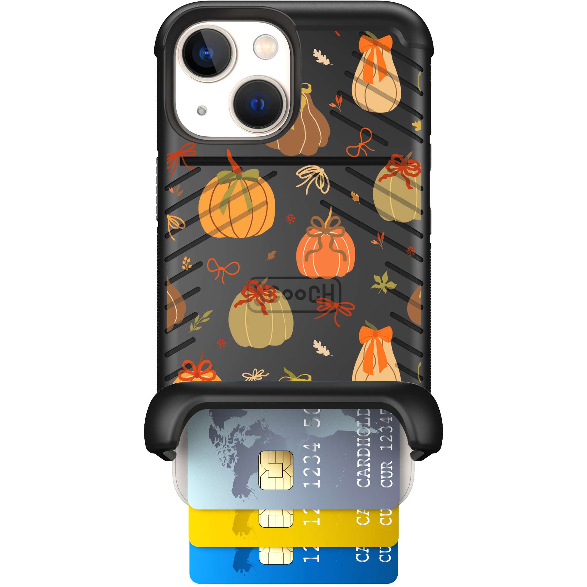 Pretty Pumpkins orange pumpkin and bow pattern on a Scooch Wingmate case for iPhone 13 mini
