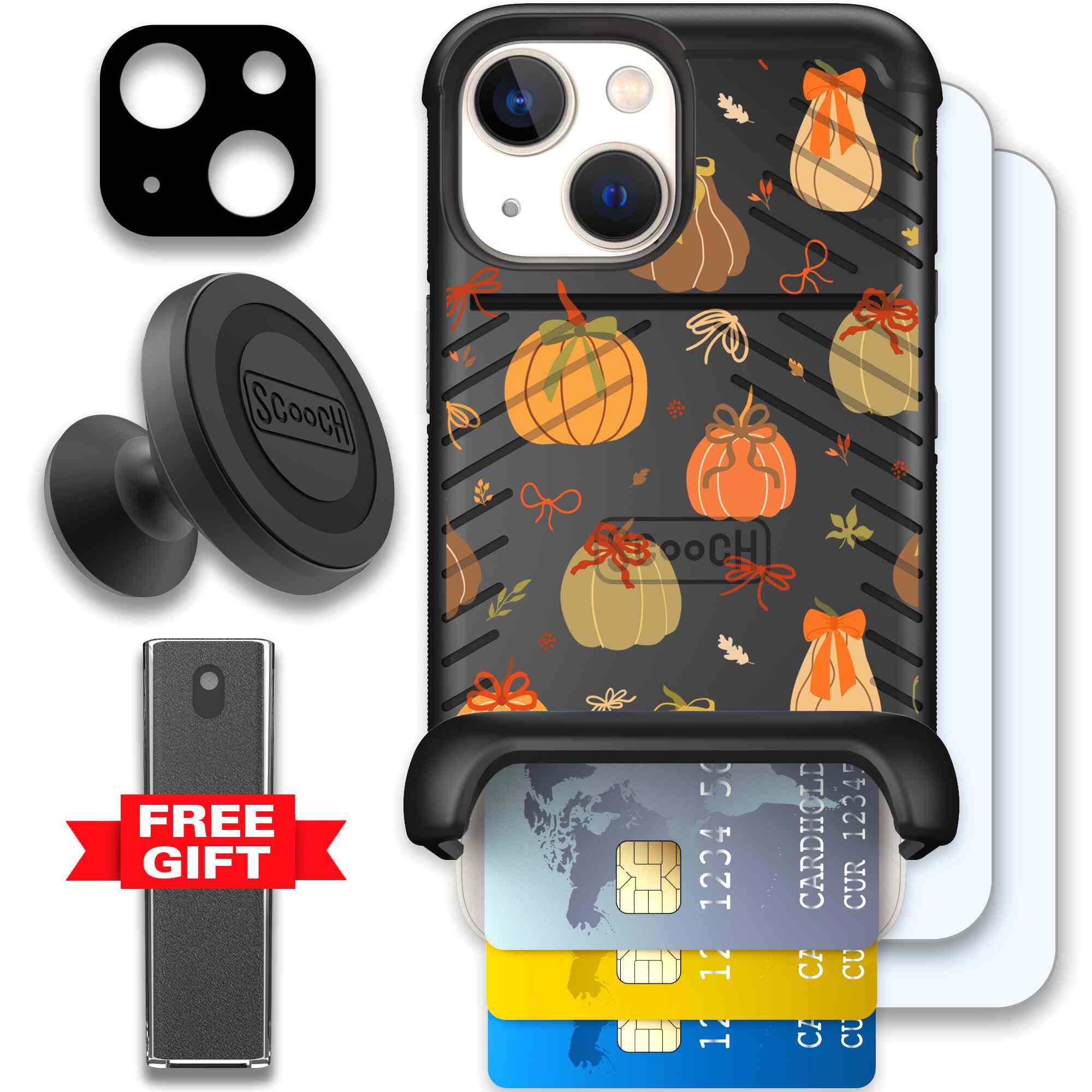 Pretty Pumpkins orange pumpkin and bow pattern on a Scooch Wingmate case for iPhone 13 mini - Defender Bundle