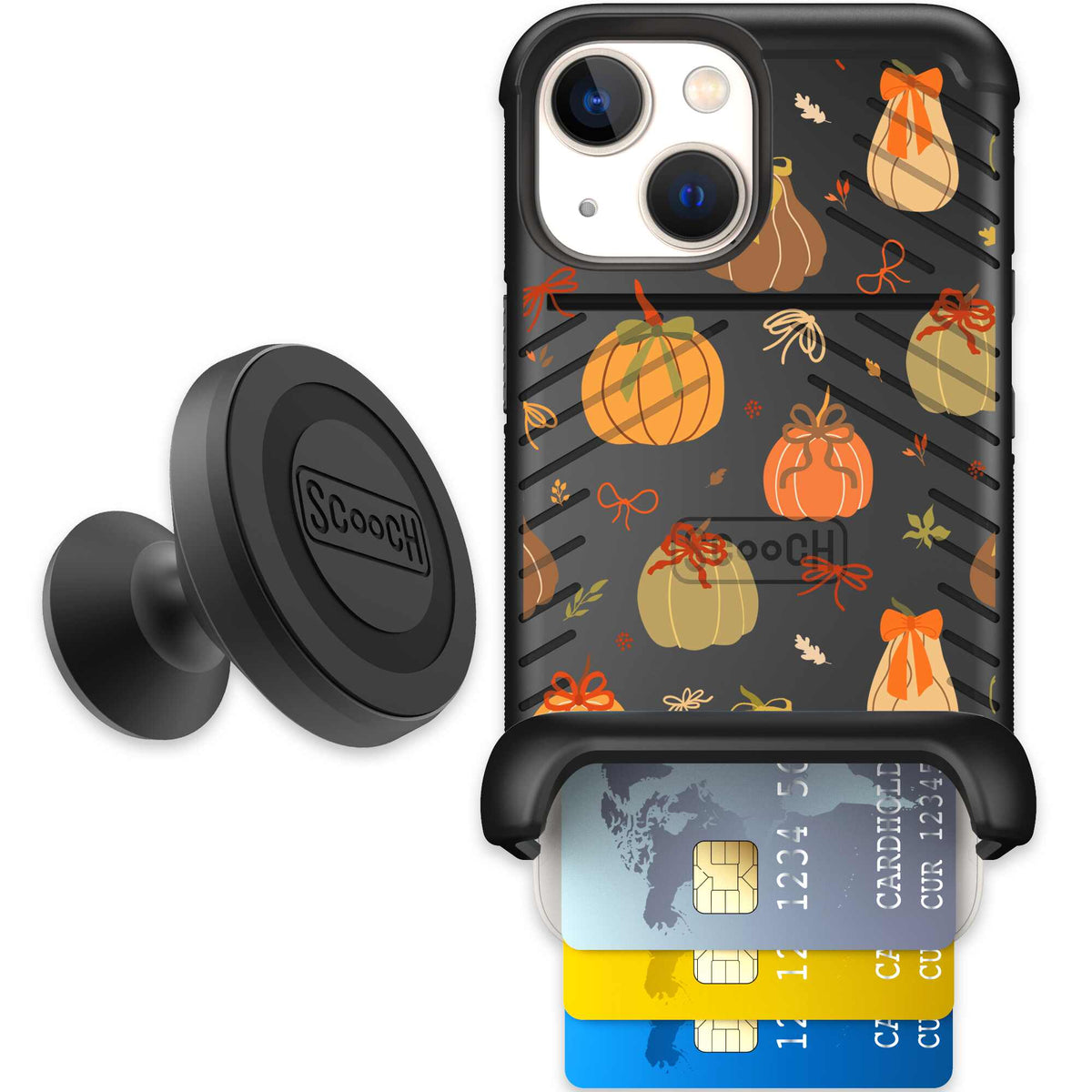 Pretty Pumpkins orange pumpkin and bow pattern on a Scooch Wingmate case for iPhone 13 mini - Starter Bundle