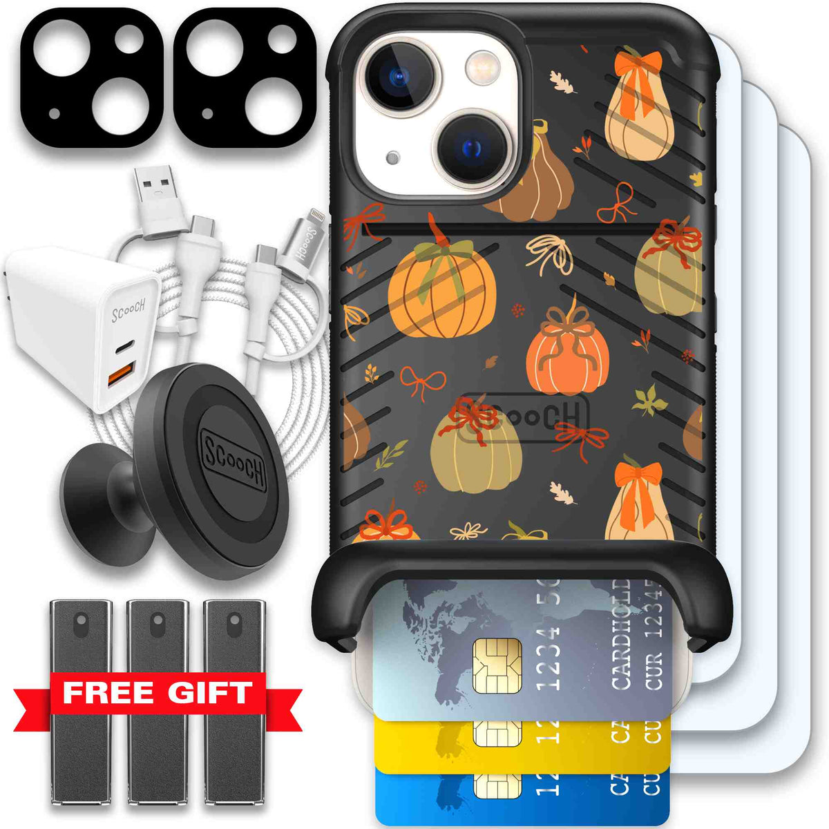Pretty Pumpkins orange pumpkin and bow pattern on a Scooch Wingmate case for iPhone 13 mini - Ultimate Bundle