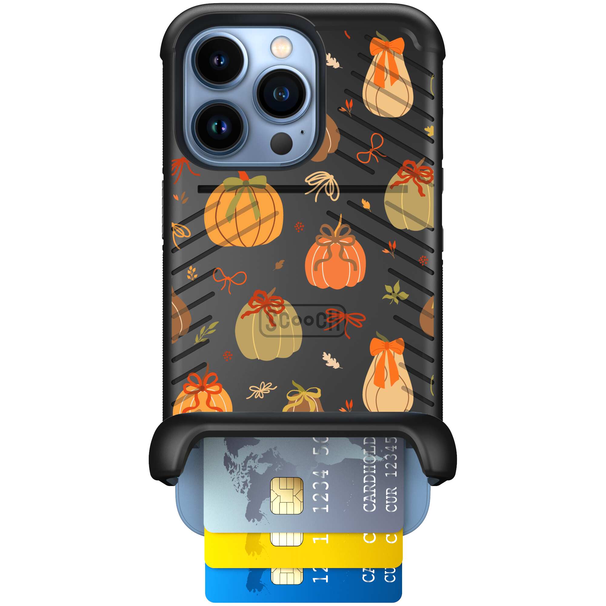 Pretty Pumpkins orange pumpkin and bow pattern on a Scooch Wingmate case for iPhone 13 Pro