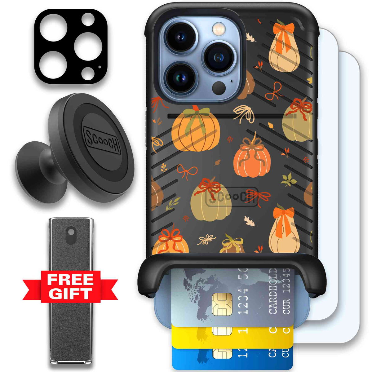 Pretty Pumpkins orange pumpkin and bow pattern on a Scooch Wingmate case for iPhone 13 Pro - Defender Bundle