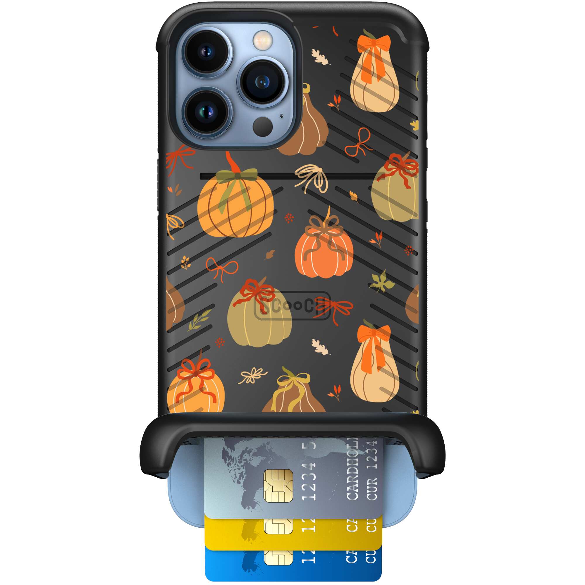 Pretty Pumpkins orange pumpkin and bow pattern on a Scooch Wingmate case for iPhone 13 Pro Max