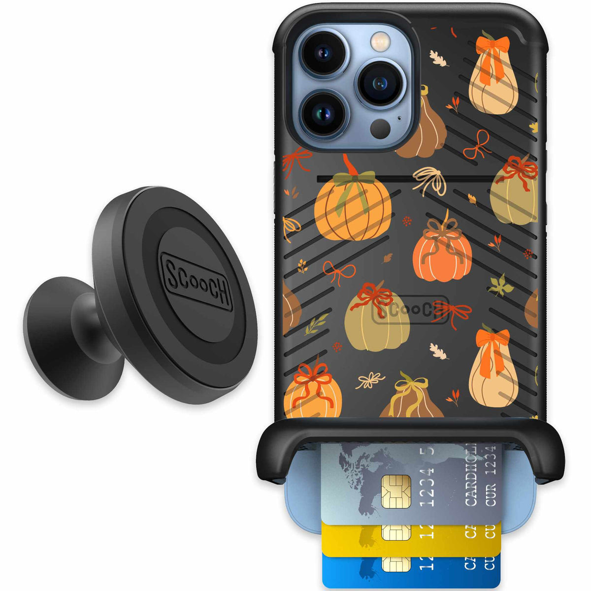 Pretty Pumpkins orange pumpkin and bow pattern on a Scooch Wingmate case for iPhone 13 Pro Max - Starter Bundle