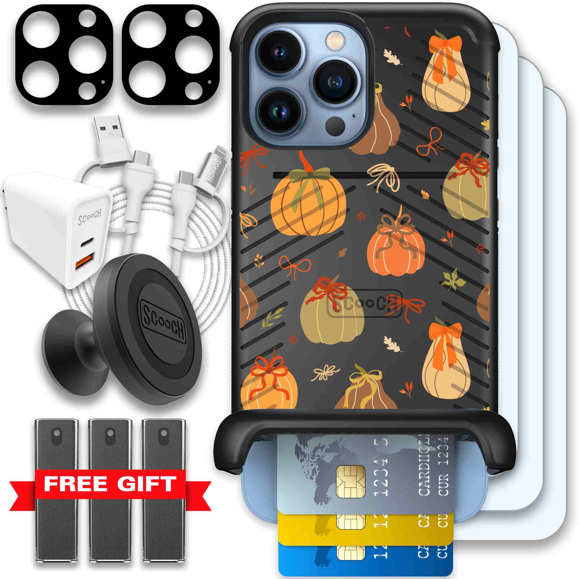 Pretty Pumpkins orange pumpkin and bow pattern on a Scooch Wingmate case for iPhone 13 Pro Max - Ultimate Bundle