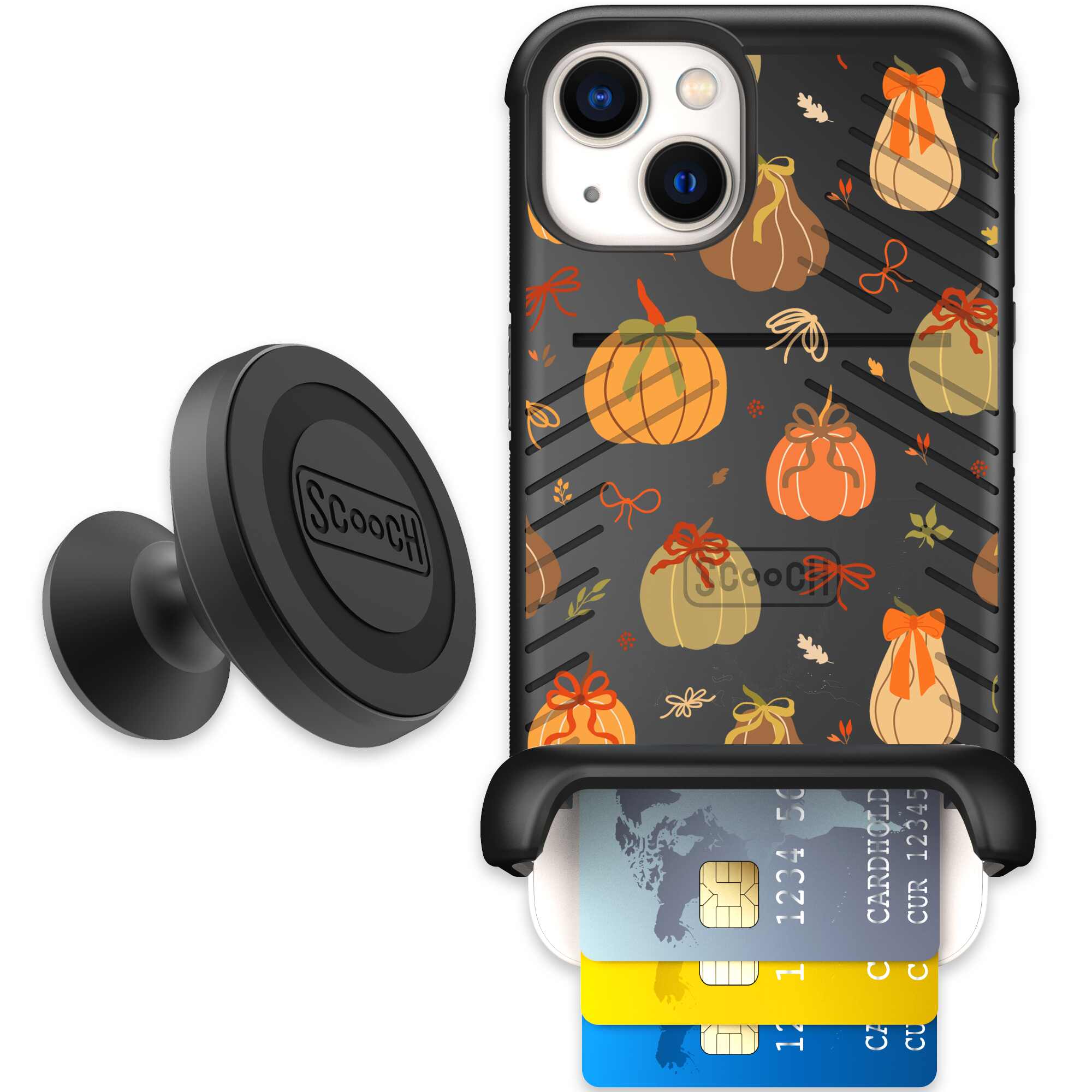 Pretty Pumpkins orange pumpkin and bow pattern on a Scooch Wingmate case for iPhone 13 - Starter Bundle