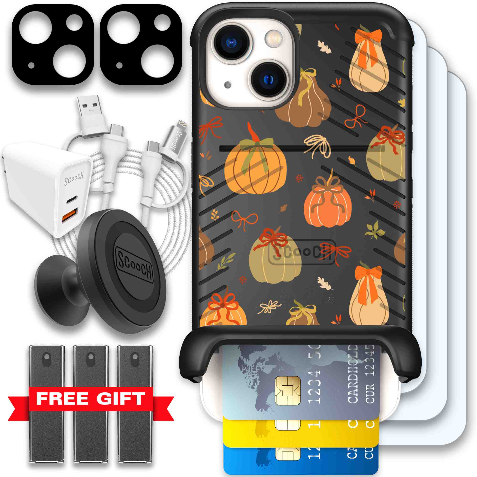 Pretty Pumpkins orange pumpkin and bow pattern on a Scooch Wingmate case for iPhone 13 - Ultimate Bundle