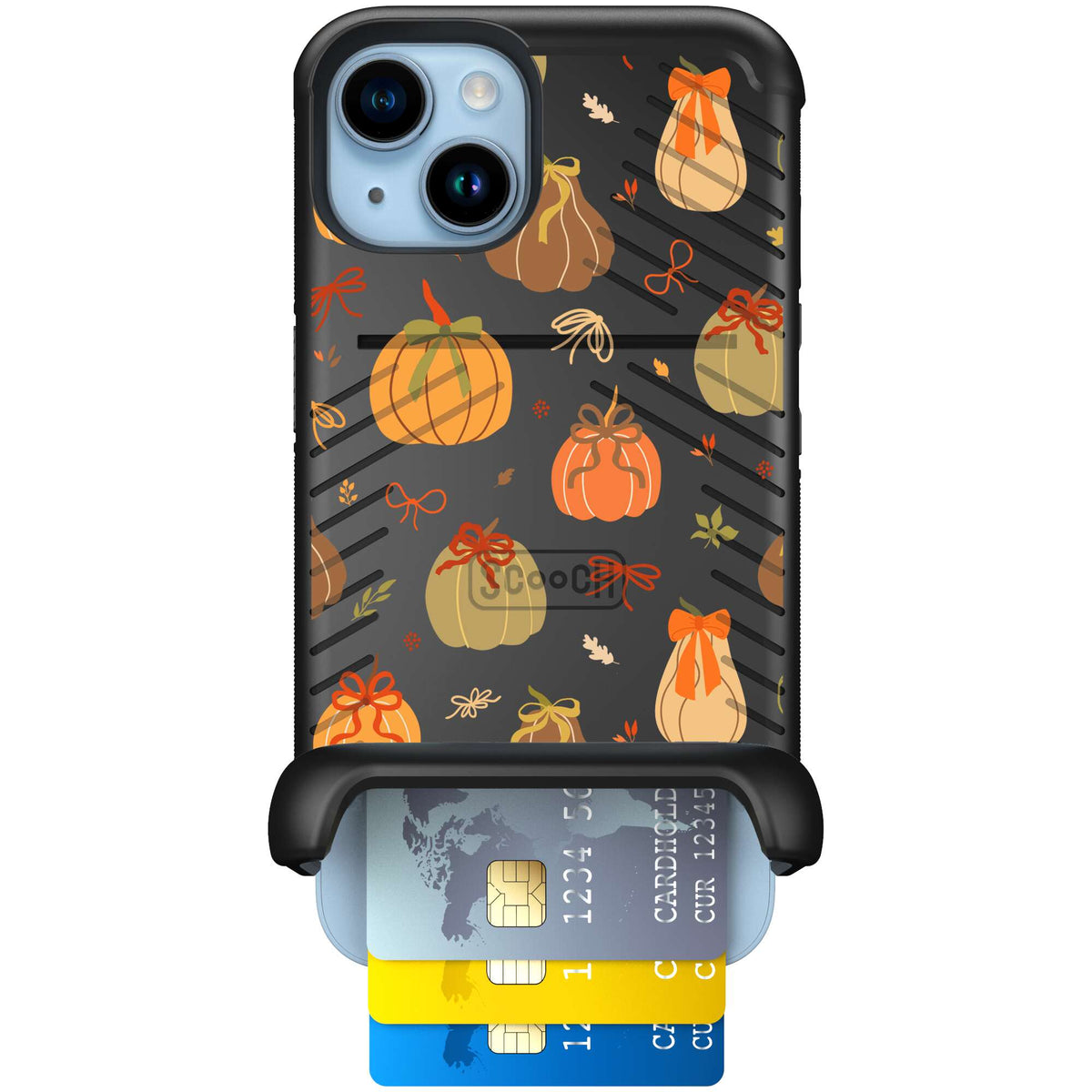 Pretty Pumpkins orange pumpkin and bow pattern on a Scooch Wingmate case for iPhone 14