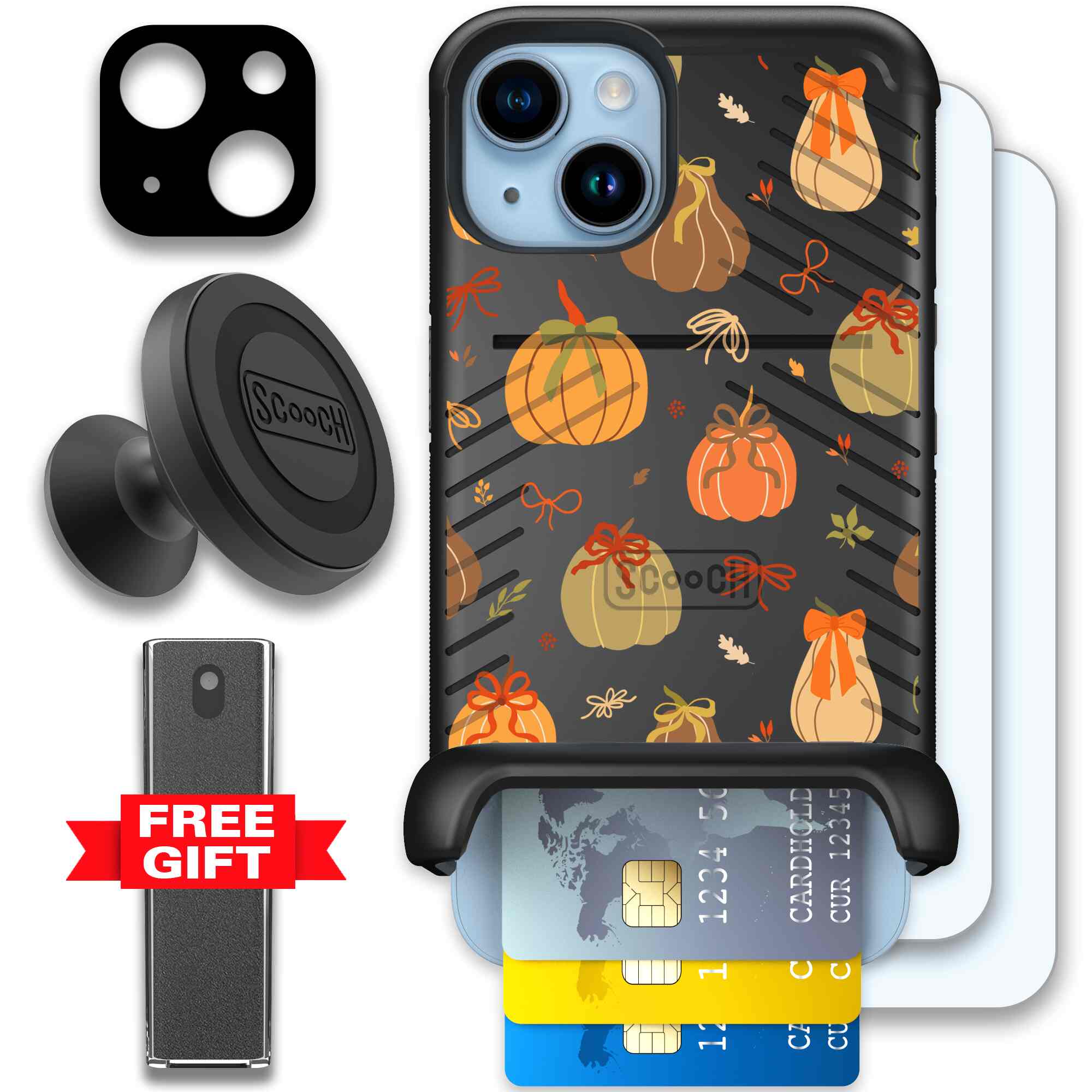 Pretty Pumpkins orange pumpkin and bow pattern on a Scooch Wingmate case for iPhone 14 - Defender Bundle