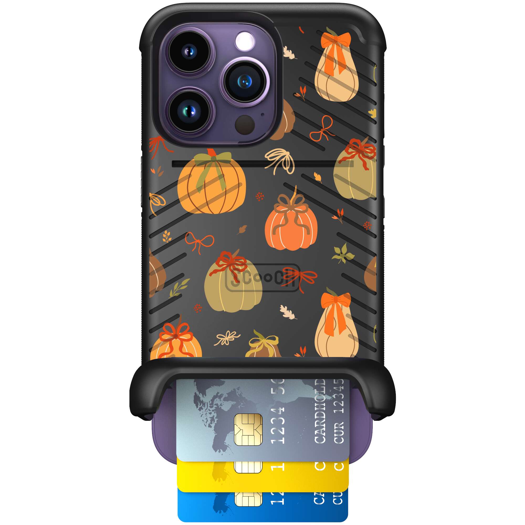Pretty Pumpkins orange pumpkin and bow pattern on a Scooch Wingmate case for iPhone 14 Pro