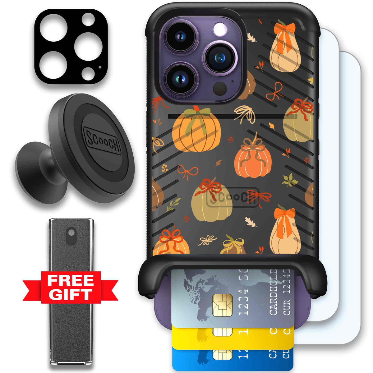 Pretty Pumpkins orange pumpkin and bow pattern on a Scooch Wingmate case for iPhone 14 Pro - Defender Bundle