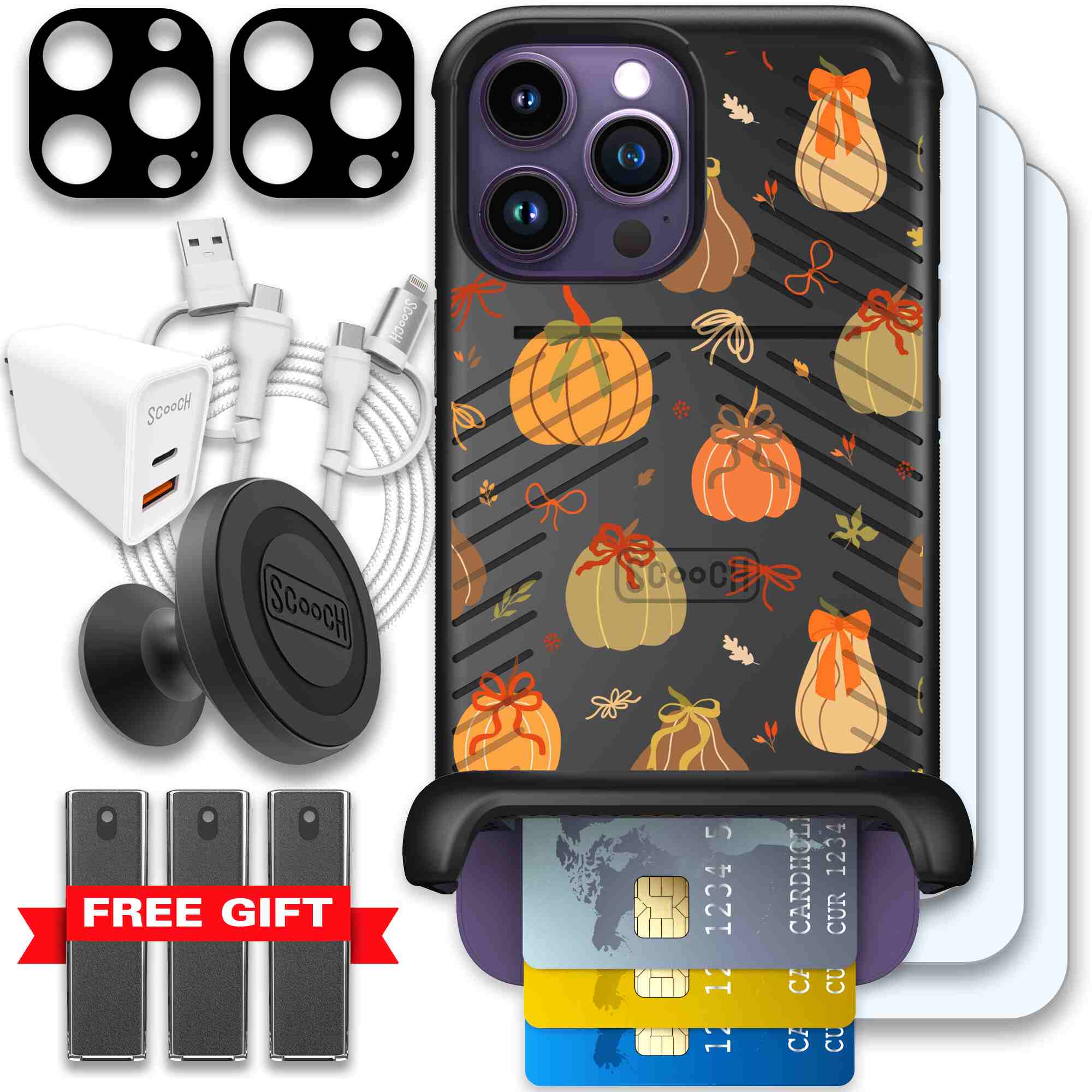 Pretty Pumpkins orange pumpkin and bow pattern on a Scooch Wingmate case for iPhone 14 Pro Max - Ultimate Bundle