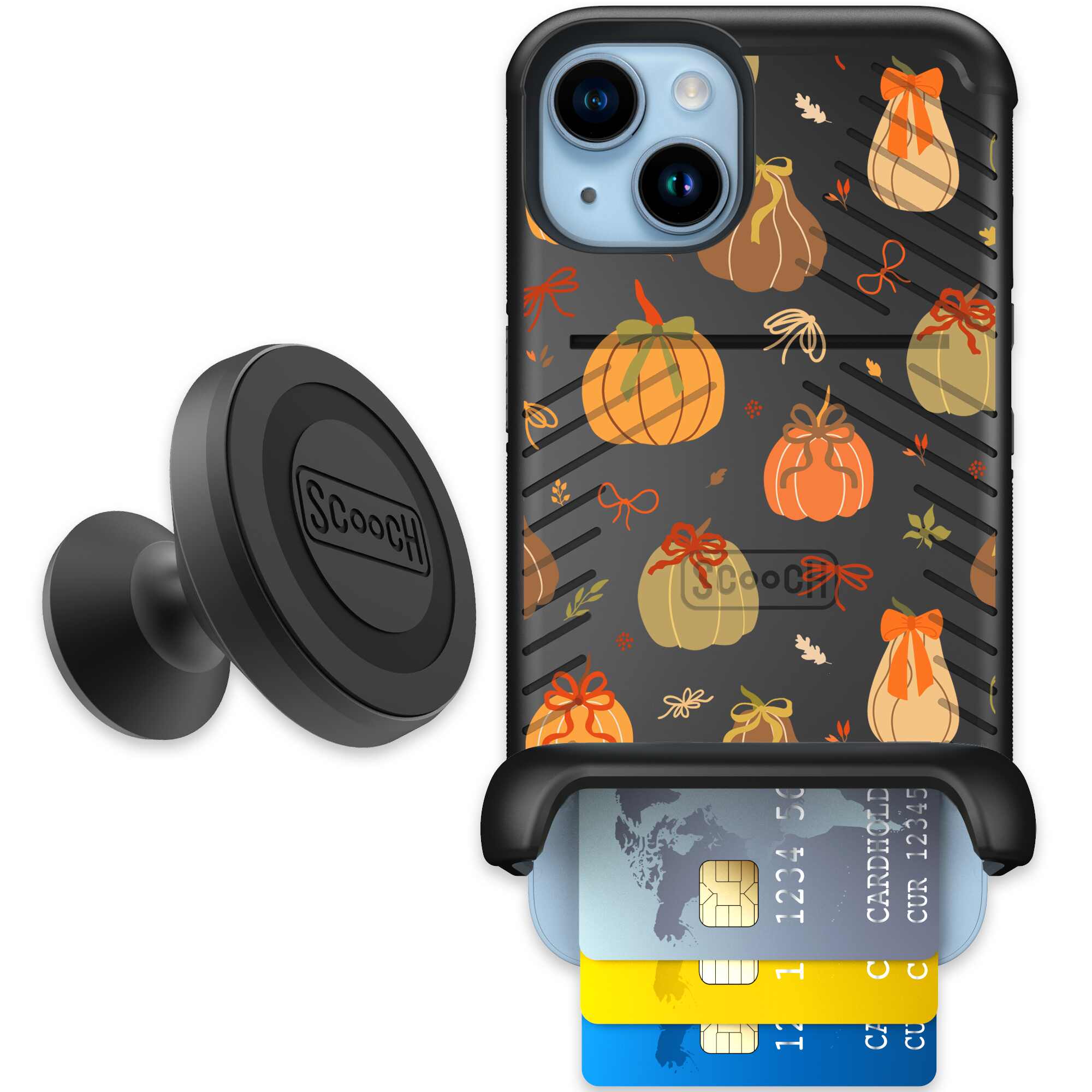 Pretty Pumpkins orange pumpkin and bow pattern on a Scooch Wingmate case for iPhone 14 - Starter Bundle