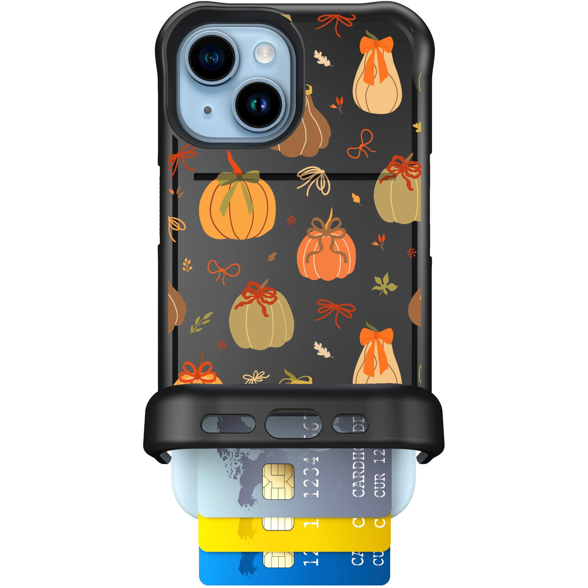 Pretty Pumpkins orange pumpkin and bow pattern on a Scooch Wingmate case for iPhone 15