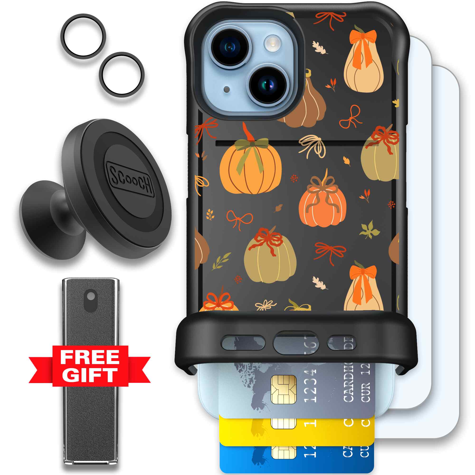 Pretty Pumpkins orange pumpkin and bow pattern on a Scooch Wingmate case for iPhone 15 - Defender Bundle