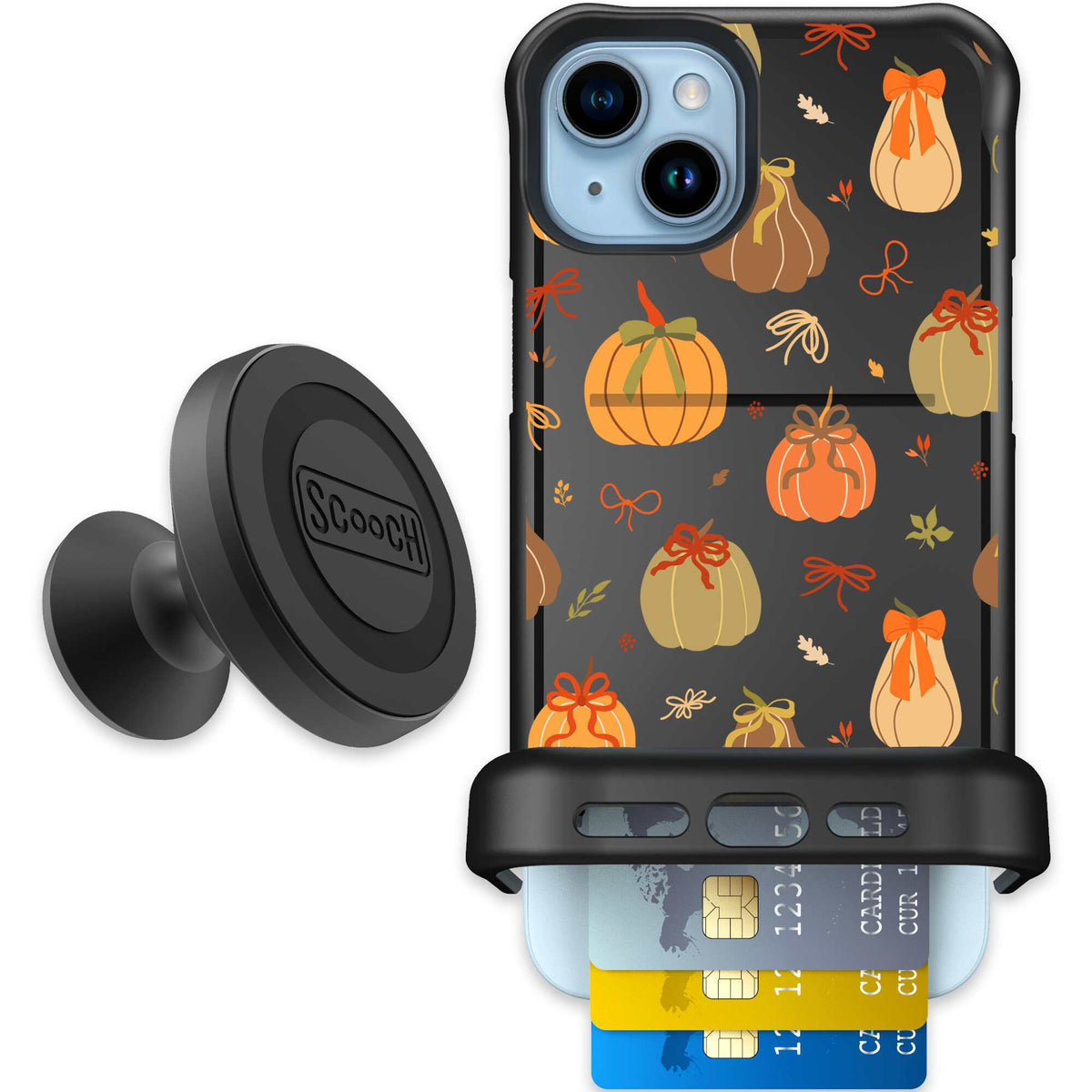 Pretty Pumpkins orange pumpkin and bow pattern on a Scooch Wingmate case for iPhone 15 Plus - Starter Bundle