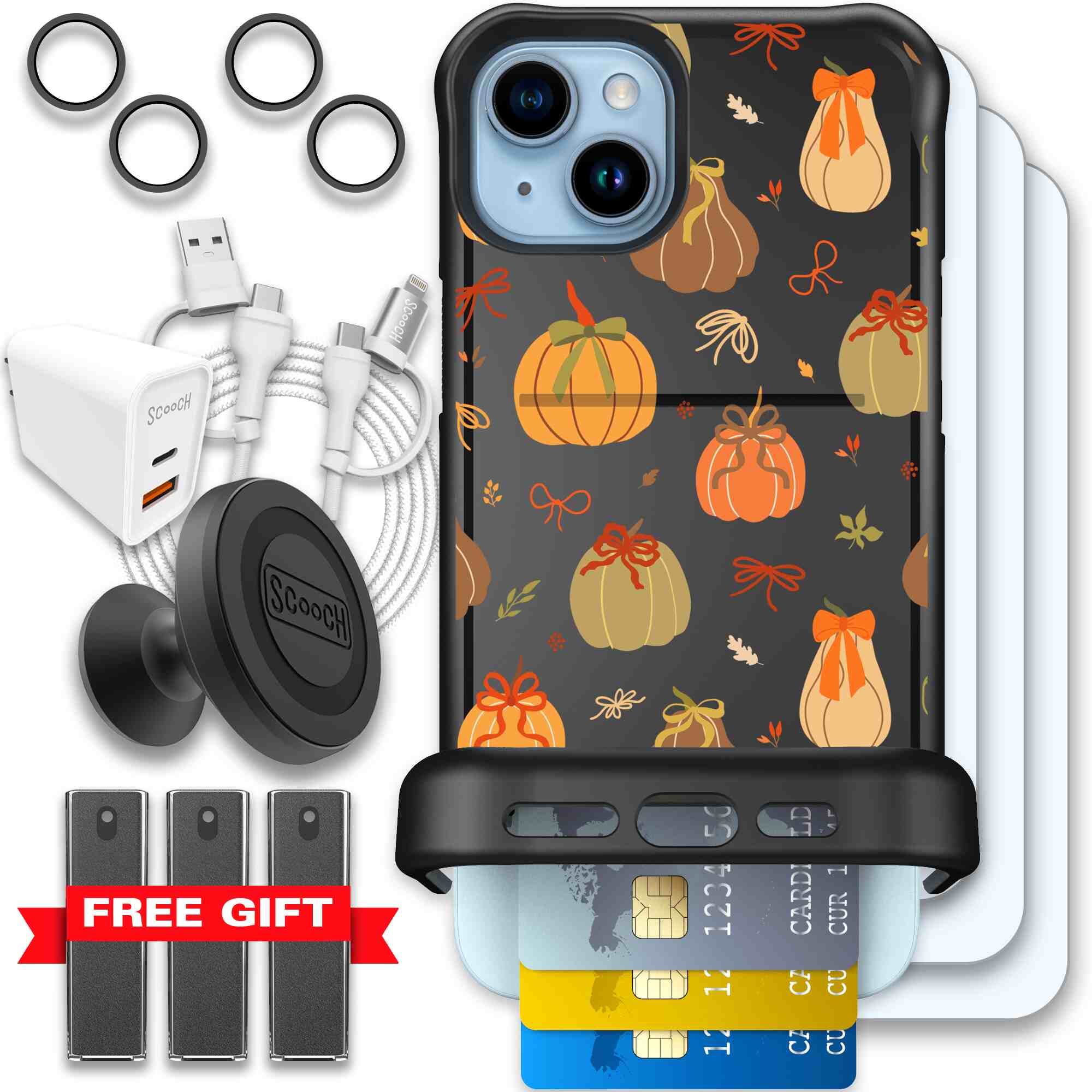 Pretty Pumpkins orange pumpkin and bow pattern on a Scooch Wingmate case for iPhone 15 Plus - Ultimate Bundle