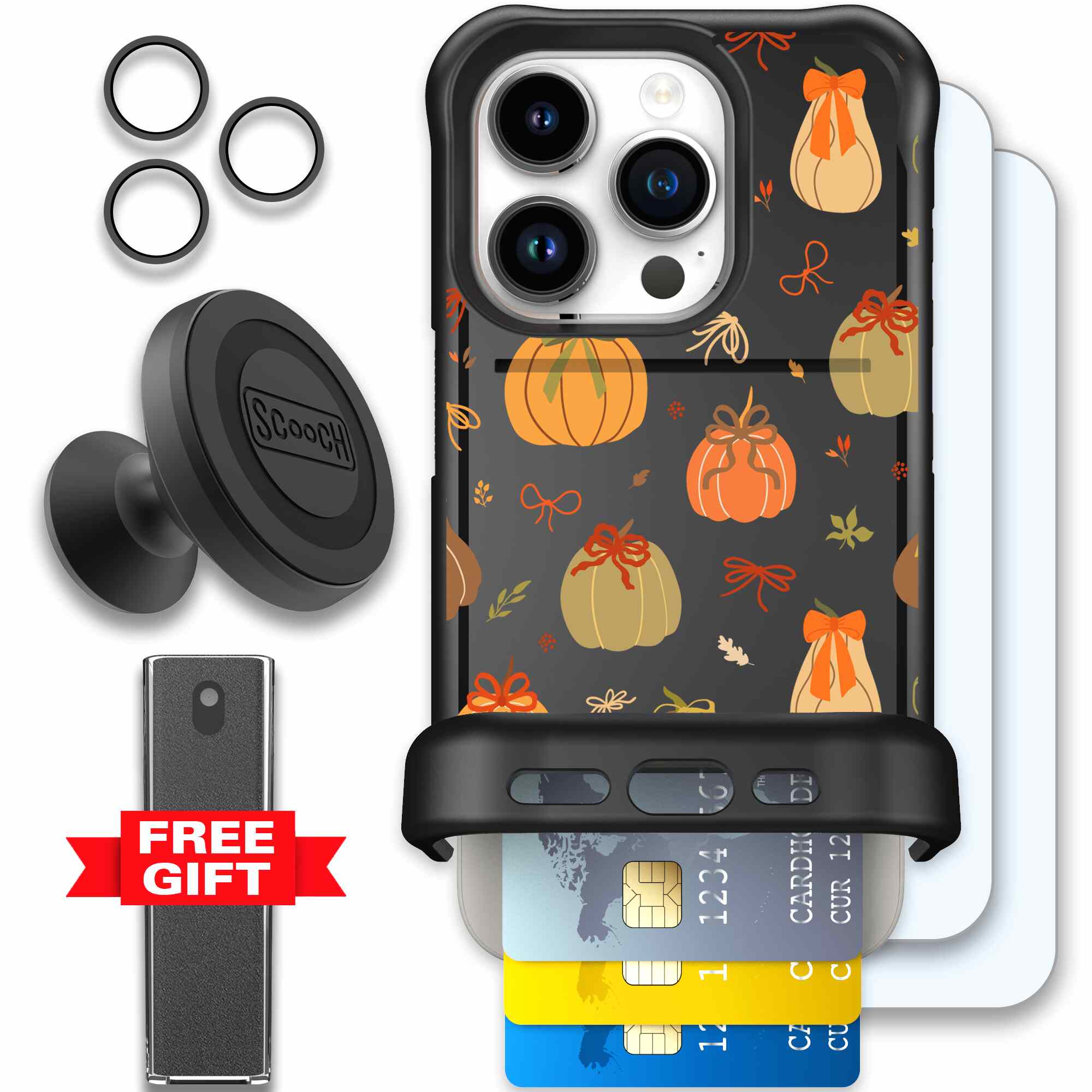 Pretty Pumpkins orange pumpkin and bow pattern on a Scooch Wingmate case for iPhone 15 Pro - Defender Bundle