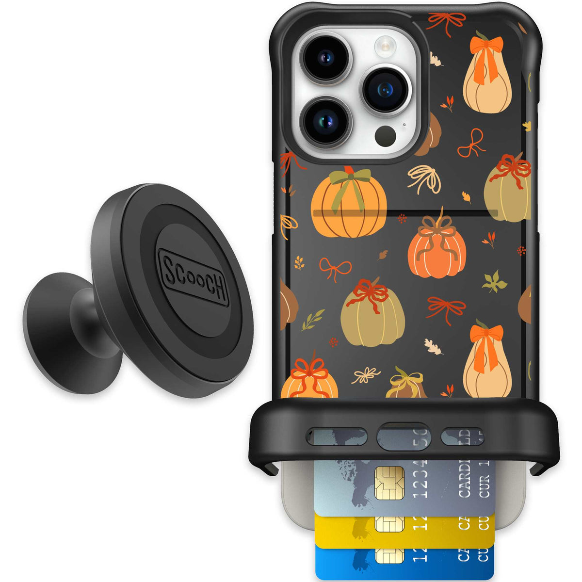 Pretty Pumpkins orange pumpkin and bow pattern on a Scooch Wingmate case for iPhone 15 Pro Max - Starter Bundle