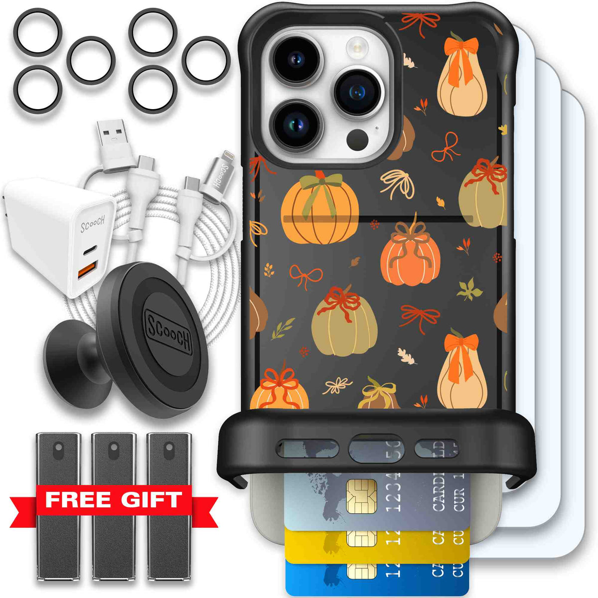 Pretty Pumpkins orange pumpkin and bow pattern on a Scooch Wingmate case for iPhone 15 Pro Max - Ultimate Bundle
