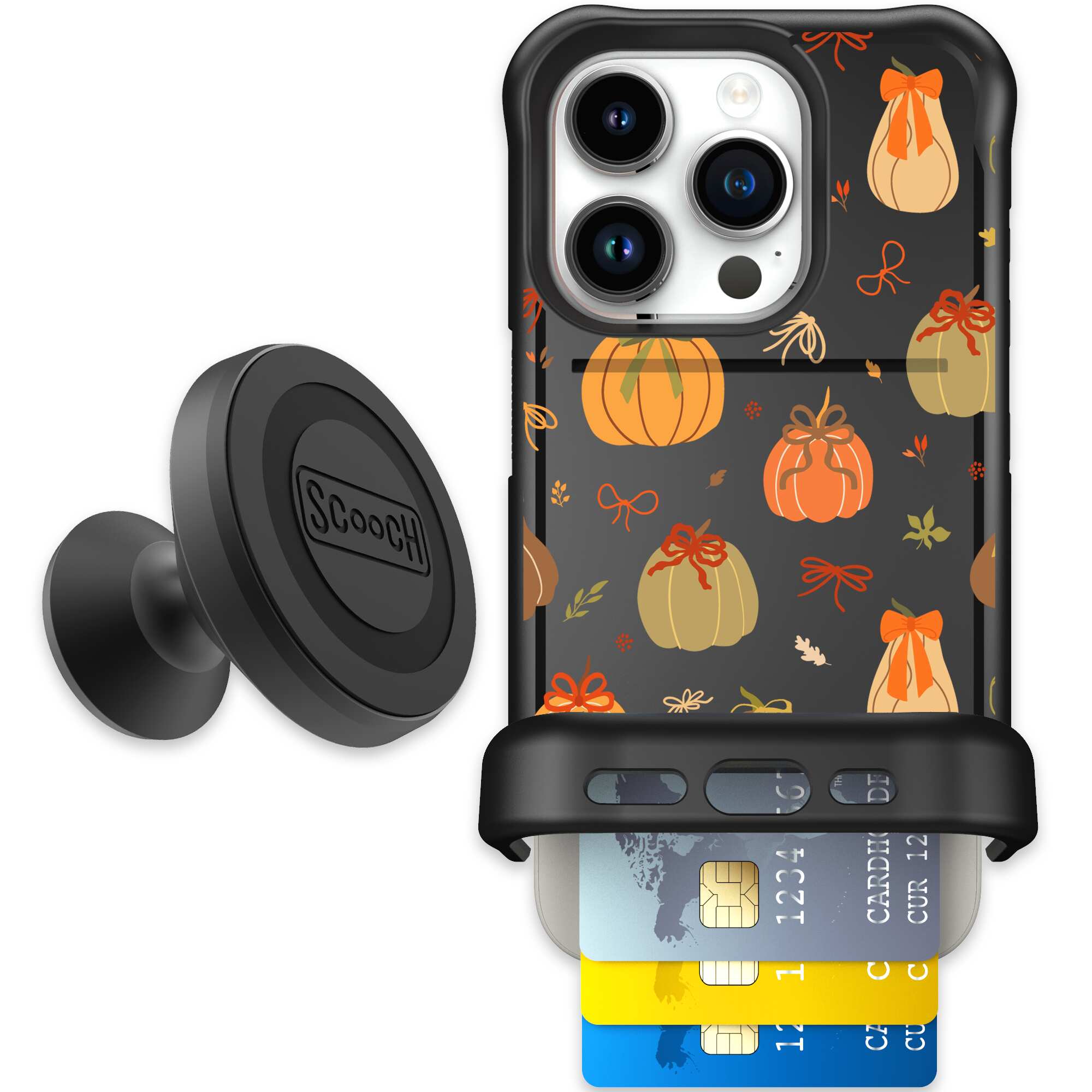 Pretty Pumpkins orange pumpkin and bow pattern on a Scooch Wingmate case for iPhone 15 Pro - Starter Bundle