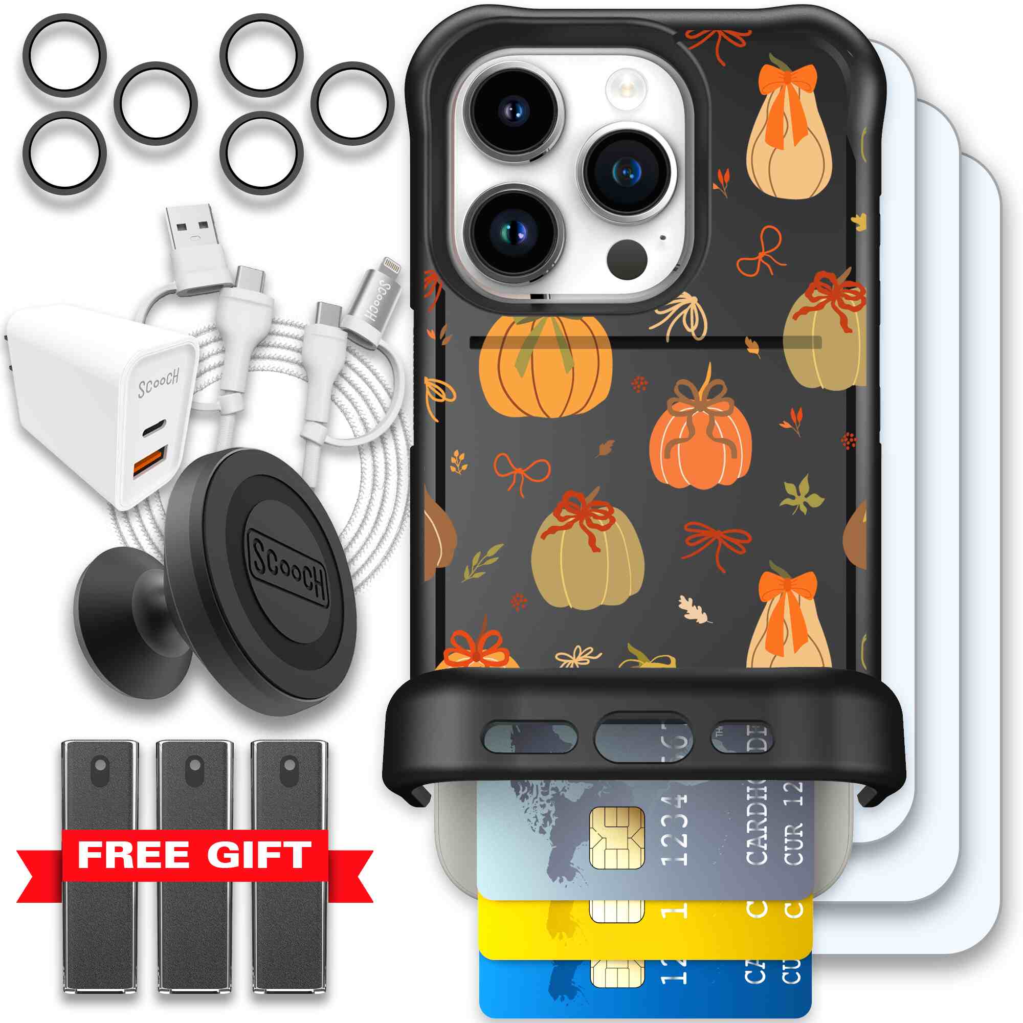 Pretty Pumpkins orange pumpkin and bow pattern on a Scooch Wingmate case for iPhone 15 Pro - Ultimate Bundle