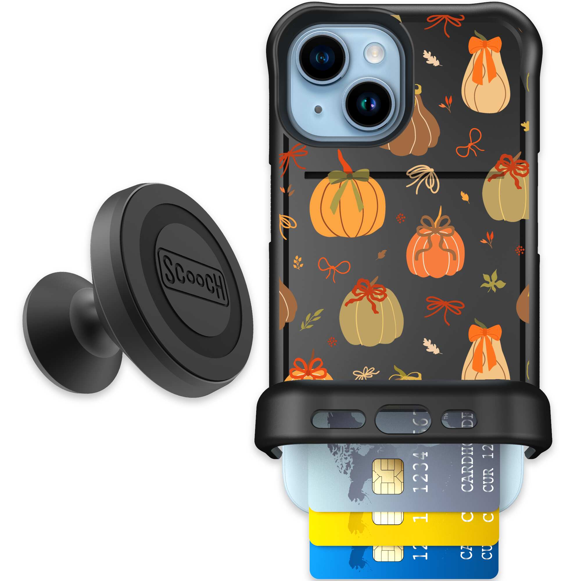 Pretty Pumpkins orange pumpkin and bow pattern on a Scooch Wingmate case for iPhone 15 - Starter Bundle