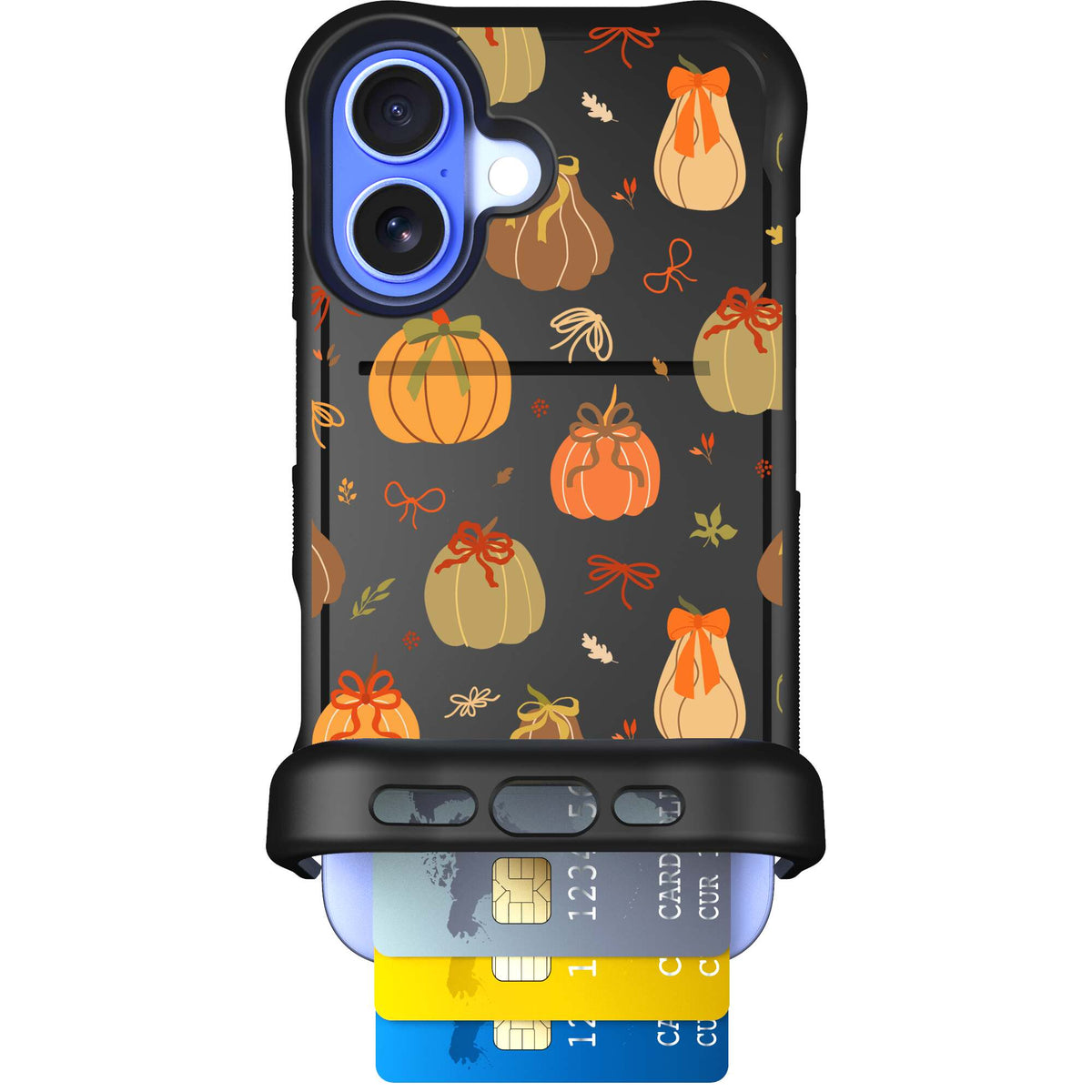 Pretty Pumpkins orange pumpkin and bow pattern on a Scooch Wingmate case for iPhone 16