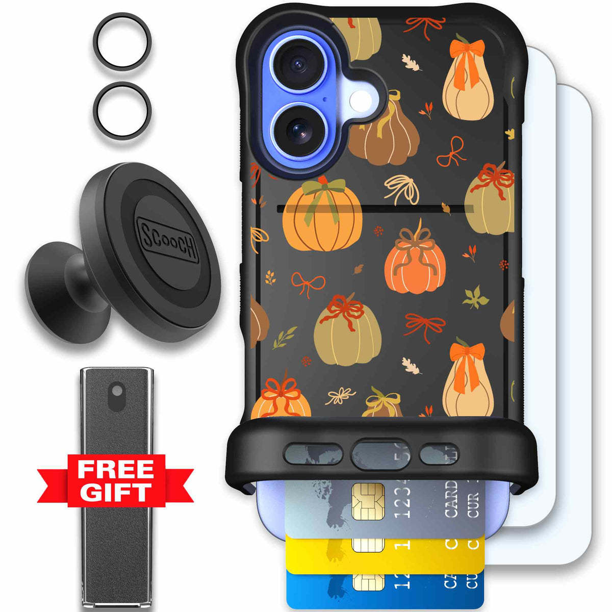 Pretty Pumpkins orange pumpkin and bow pattern on a Scooch Wingmate case for iPhone 16 - Defender Bundle