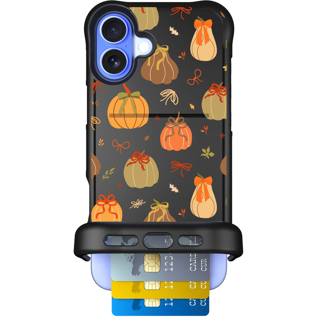 Pretty Pumpkins orange pumpkin and bow pattern on a Scooch Wingmate case for iPhone 16 Plus