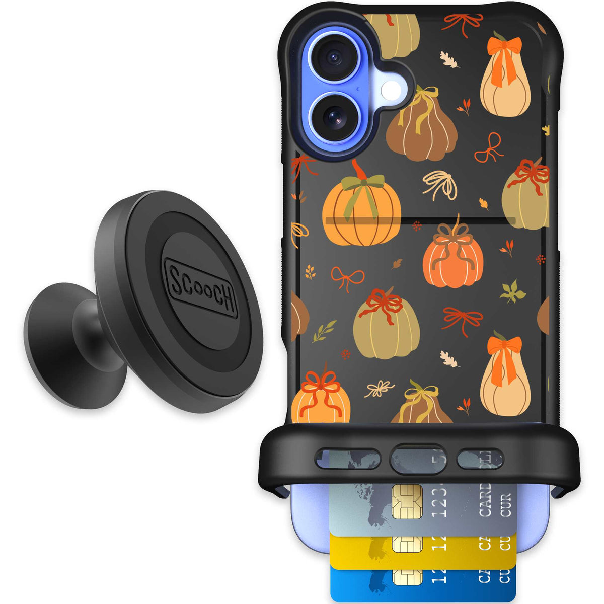 Pretty Pumpkins orange pumpkin and bow pattern on a Scooch Wingmate case for iPhone 16 Plus - Starter Bundle