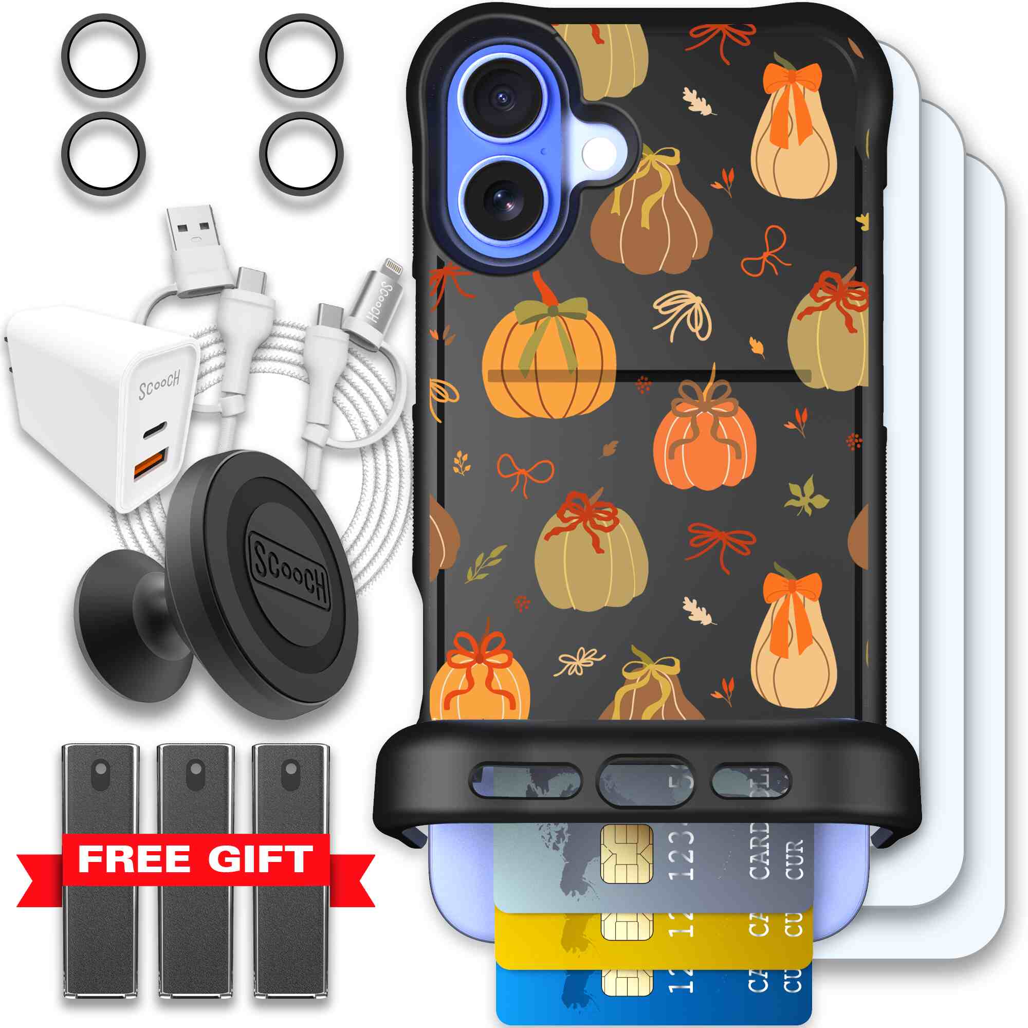 Pretty Pumpkins orange pumpkin and bow pattern on a Scooch Wingmate case for iPhone 16 Plus - Ultimate Bundle