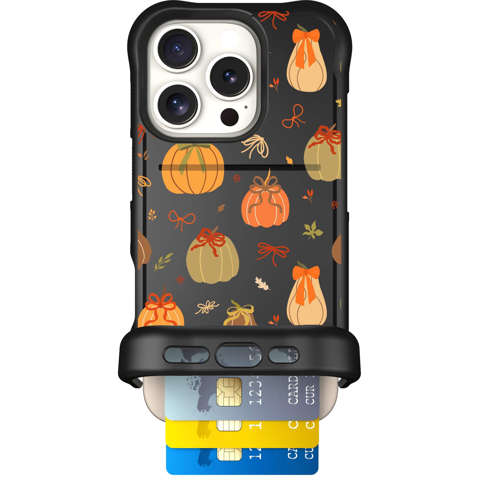 Pretty Pumpkins orange pumpkin and bow pattern on a Scooch Wingmate case for iPhone 16 Pro