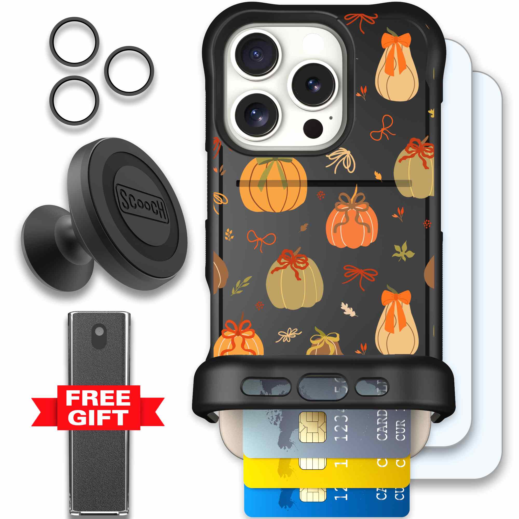 Pretty Pumpkins orange pumpkin and bow pattern on a Scooch Wingmate case for iPhone 16 Pro - Defender Bundle