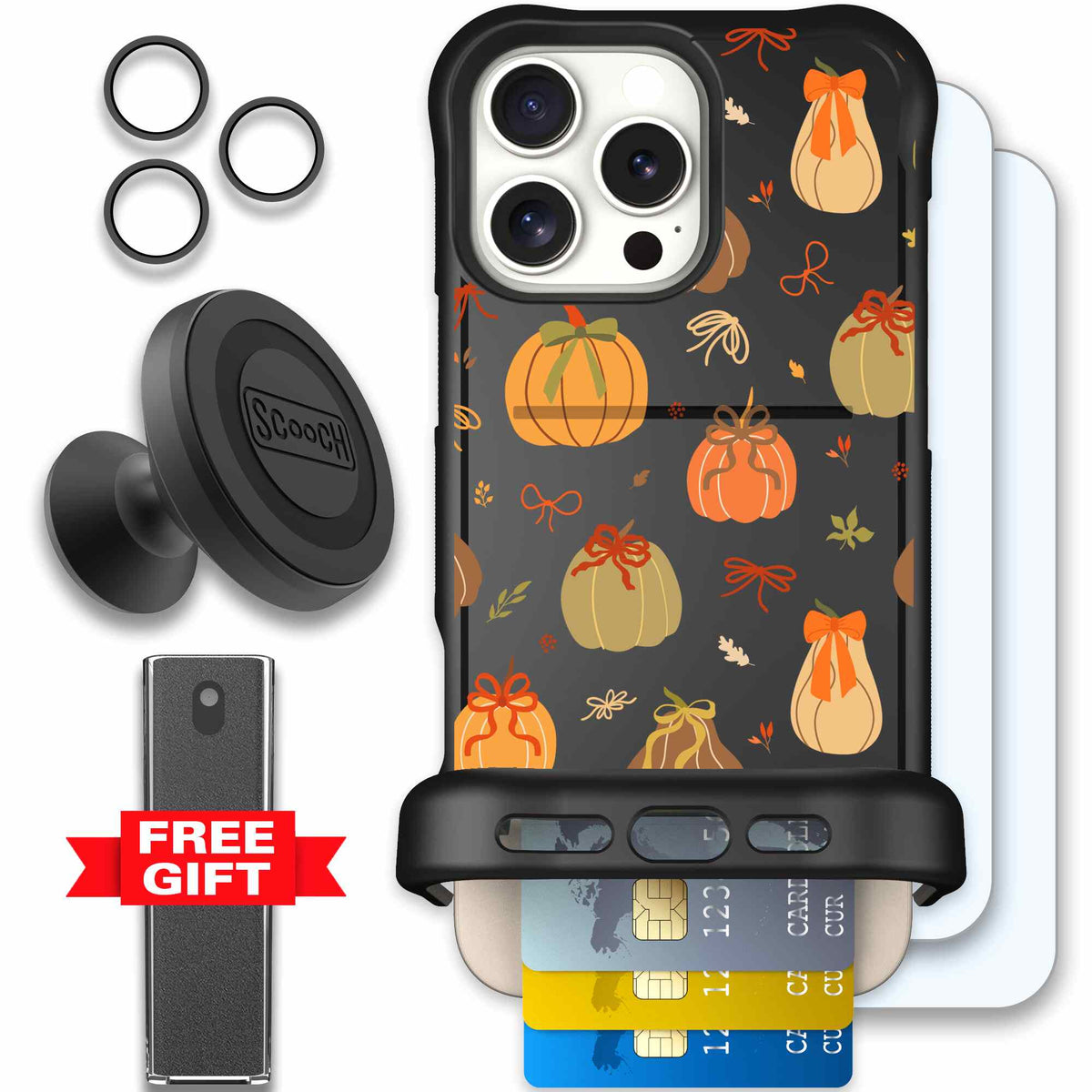 Pretty Pumpkins orange pumpkin and bow pattern on a Scooch Wingmate case for iPhone 16 Pro Max - Defender Bundle