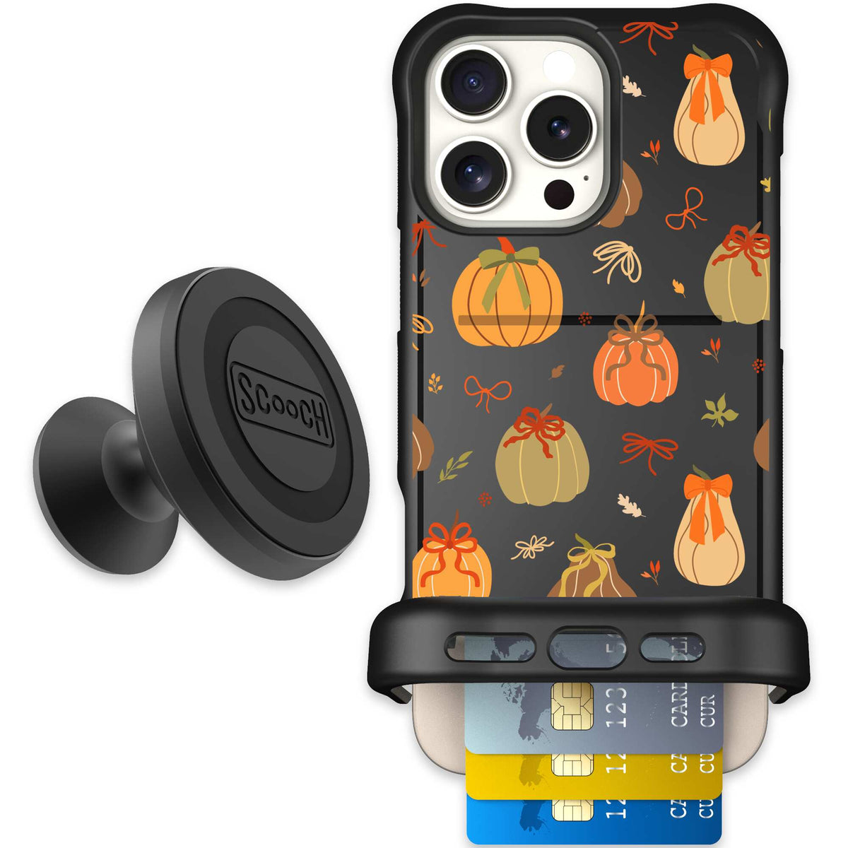 Pretty Pumpkins orange pumpkin and bow pattern on a Scooch Wingmate case for iPhone 16 Pro Max - Starter Bundle