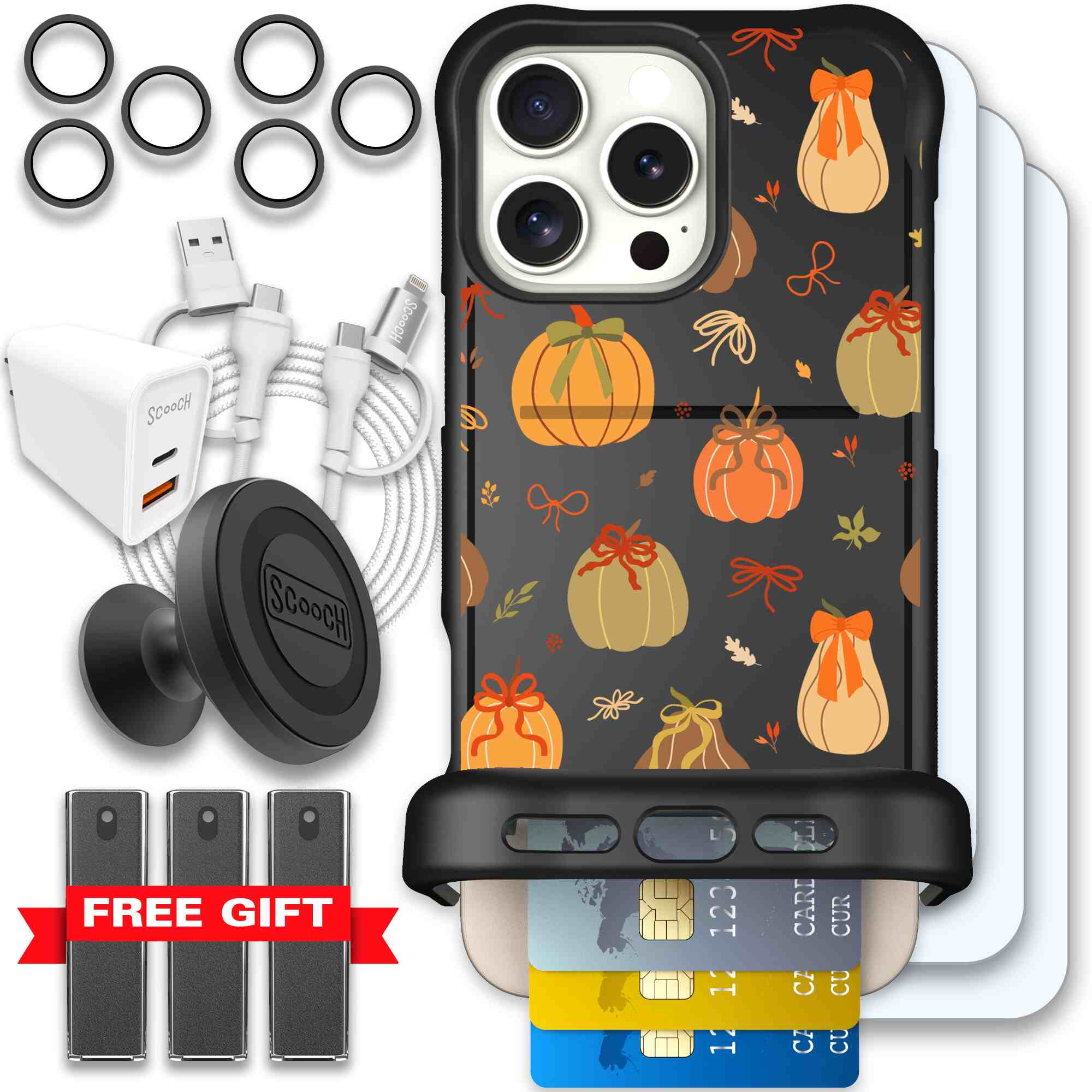 Pretty Pumpkins orange pumpkin and bow pattern on a Scooch Wingmate case for iPhone 16 Pro Max - Ultimate Bundle
