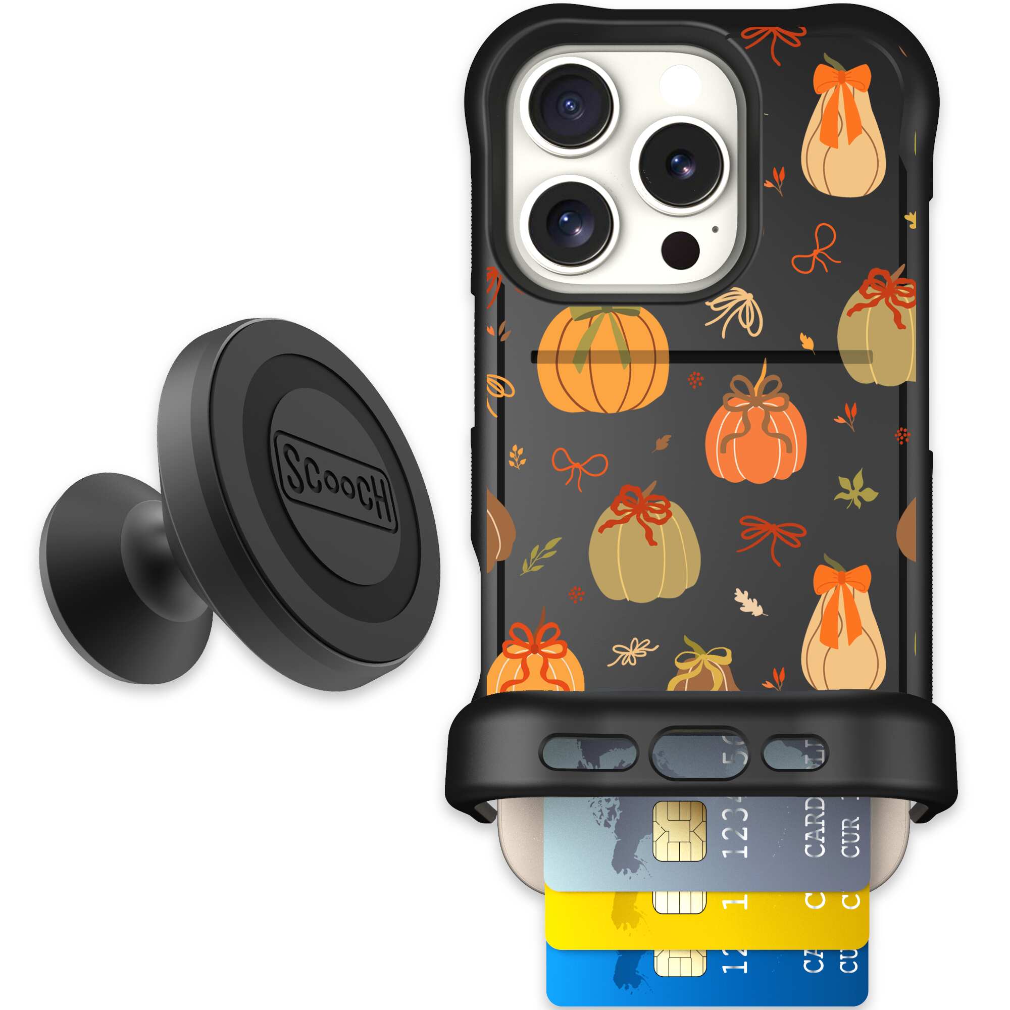 Pretty Pumpkins orange pumpkin and bow pattern on a Scooch Wingmate case for iPhone 16 Pro - Starter Bundle