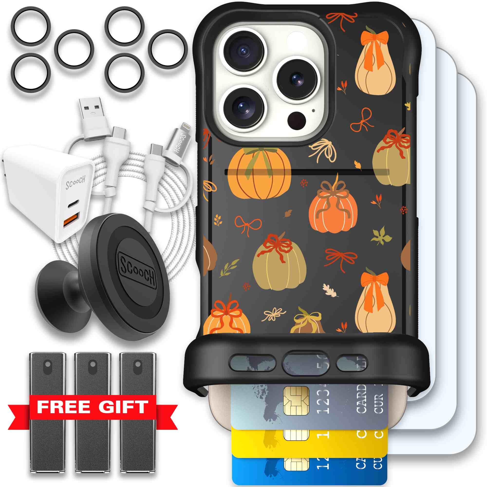 Pretty Pumpkins orange pumpkin and bow pattern on a Scooch Wingmate case for iPhone 16 Pro - Ultimate Bundle