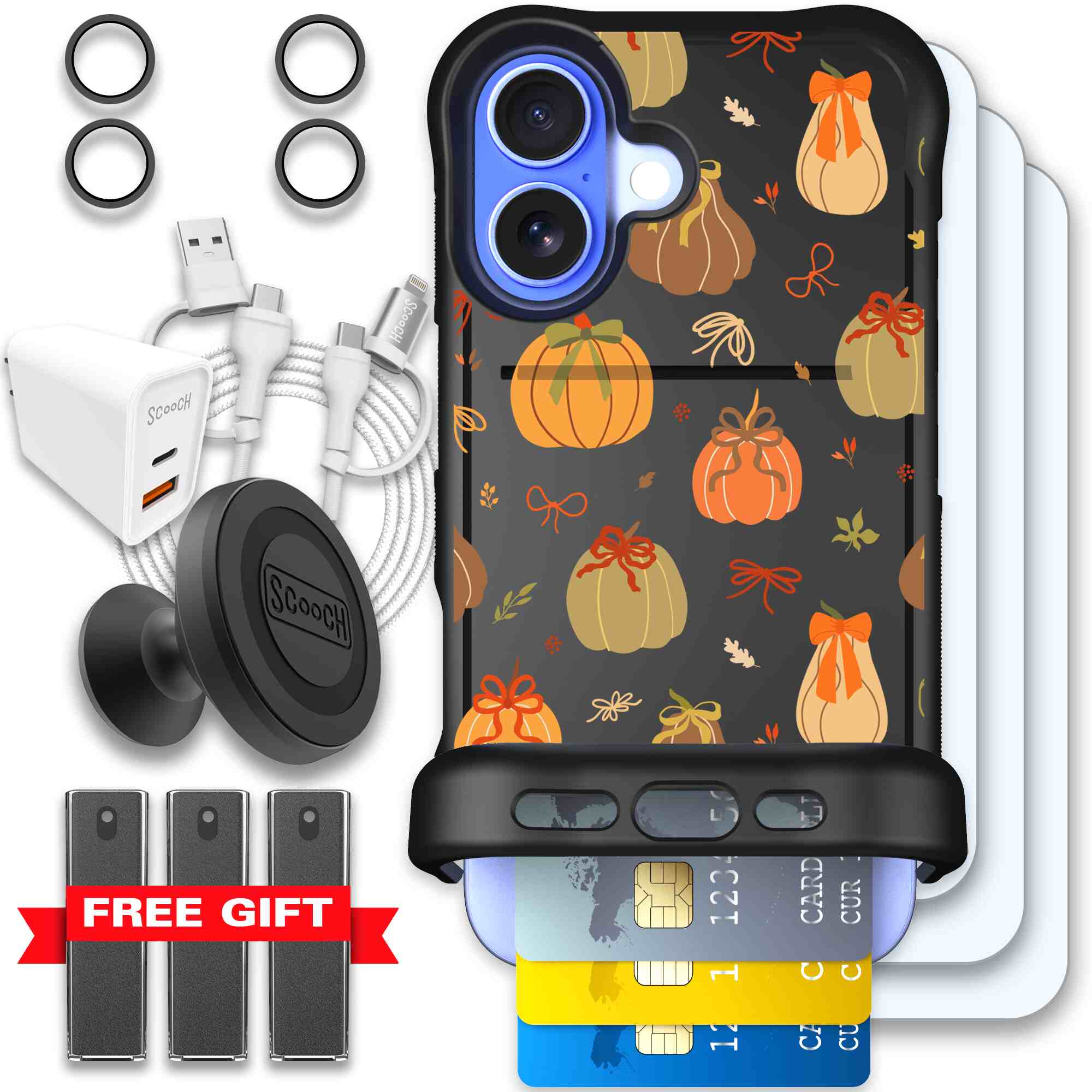 Pretty Pumpkins orange pumpkin and bow pattern on a Scooch Wingmate case for iPhone 16 - Ultimate Bundle