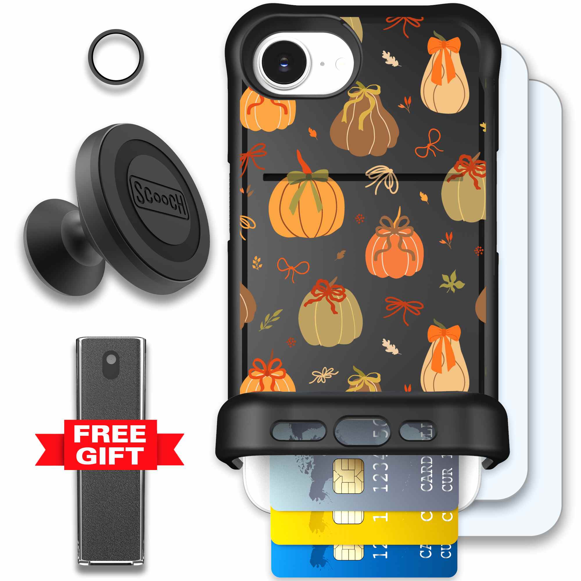 Pretty Pumpkins orange pumpkin and bow pattern on a Scooch Wingmate case for iPhone 17e - Defender Bundle