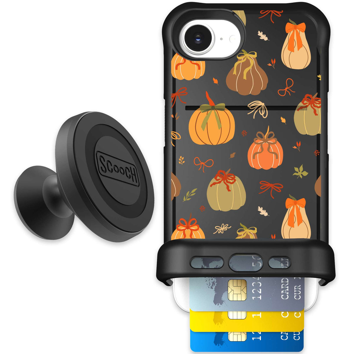 Pretty Pumpkins orange pumpkin and bow pattern on a Scooch Wingmate case for iPhone 17e - Starter Bundle